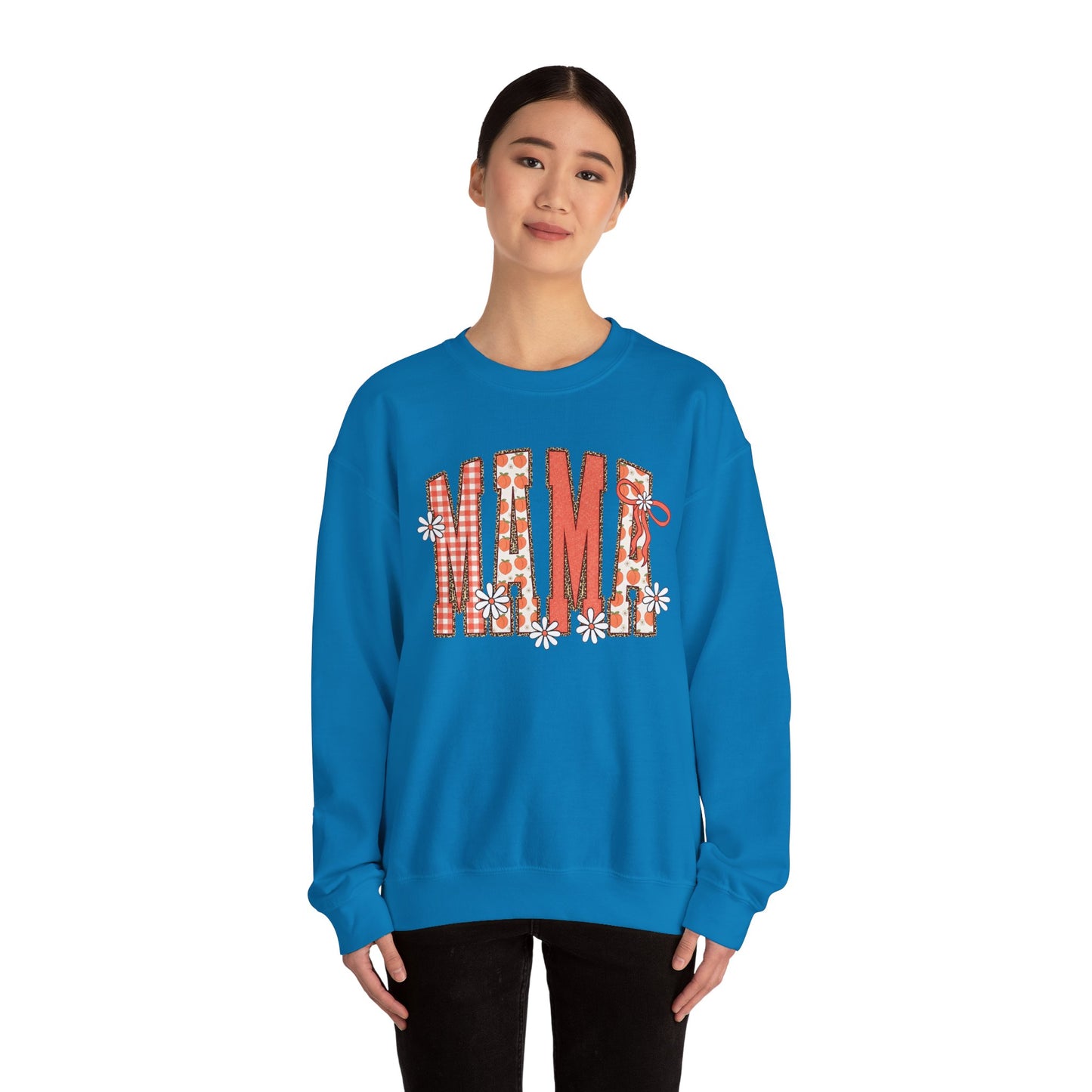 Daisy Peach MAMA Floral Sweatshirt • Spring Graphic Crew • Peach Gingham Mom pullover • Feminine Boutique Everyday Outfit