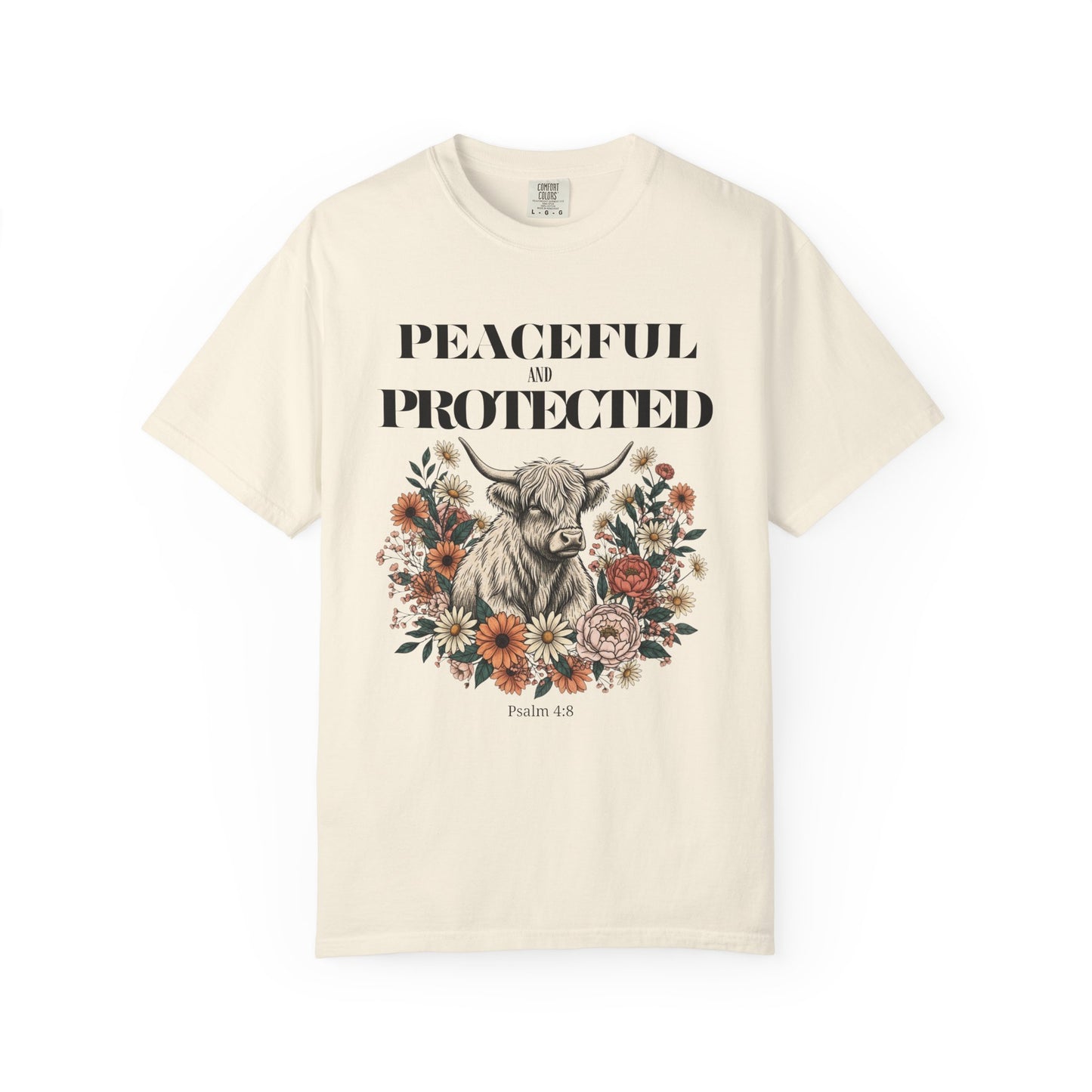 Peaceful and Protected Highland Cow Tee • Psalm 4:8 • Western Floral Faith Shirt