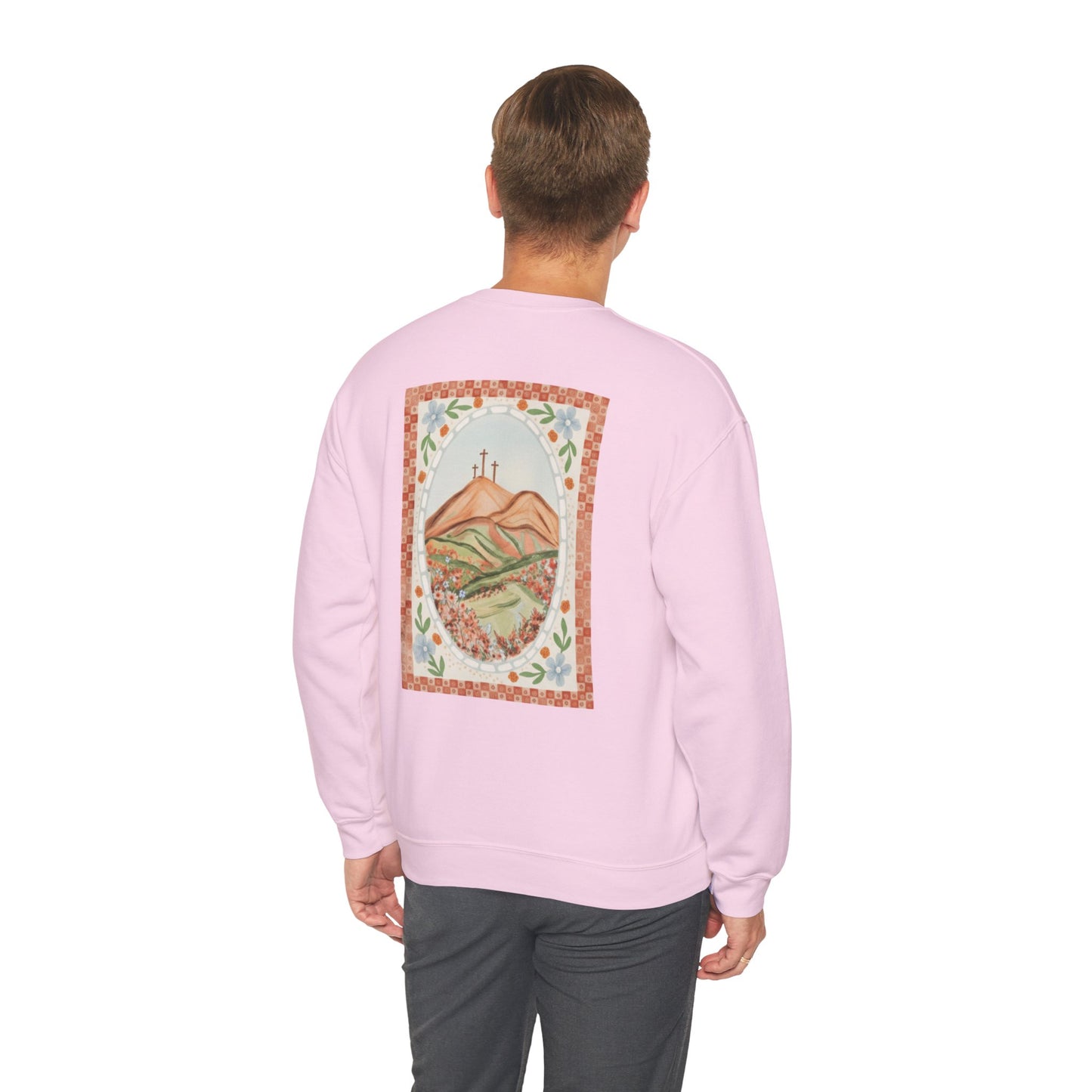 Easter Landscape Faith Sweatshirt (Front & Back) • Christian Mountain Cross Crewneck • Floral Resurrection Scene Graphic