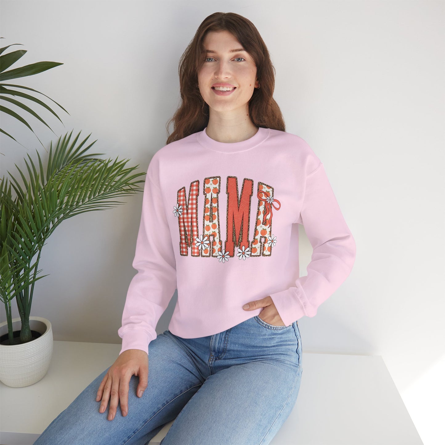 Daisy Peach MAMA Floral Sweatshirt • Spring Graphic Crew • Peach Gingham Mom pullover • Feminine Boutique Everyday Outfit