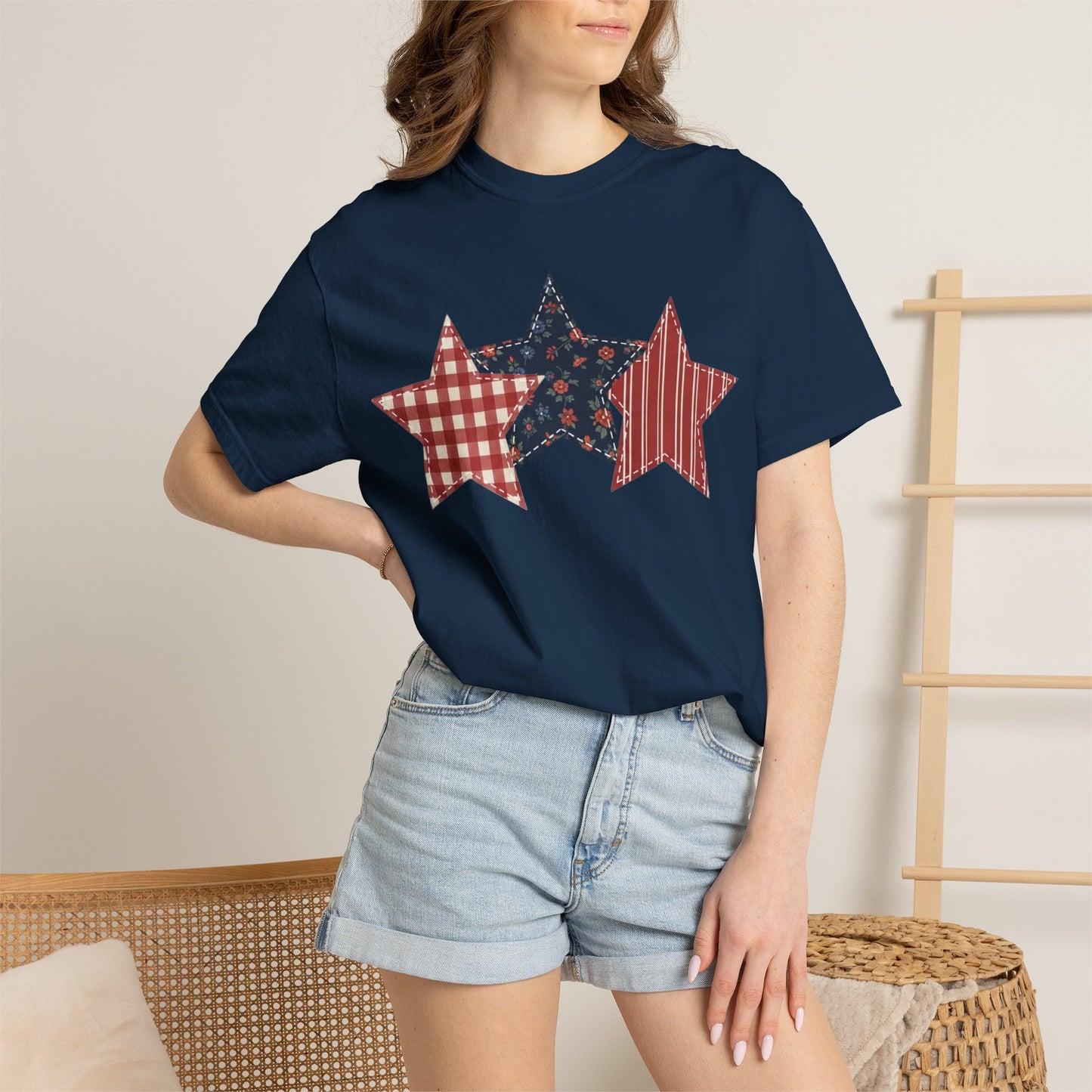 4th of July Patchwork Star T-Shirt for Summer nights • Floral Gingham Red White Blue USA Tee • Patriotic Outfit
