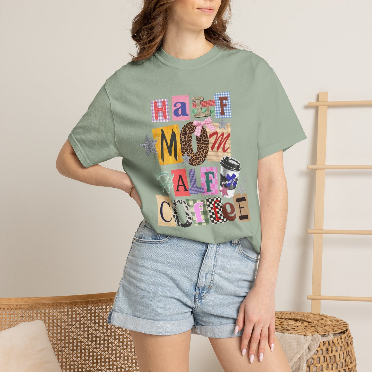 Half Mom Half Coffee Graphic Tee • Funny Mom Shirt Women • Trendy Patchwork Mixed Print Leopard Gingham Tee • Mom Life Shirt