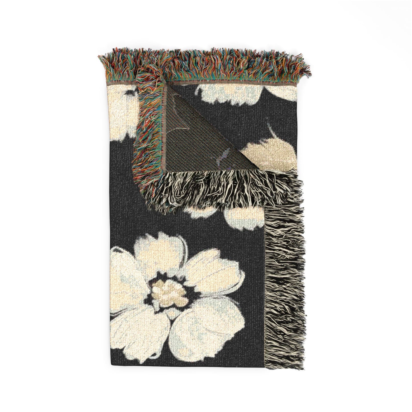 Black & White Painted Floral Woven Blanket — Monochrome Floral Throw