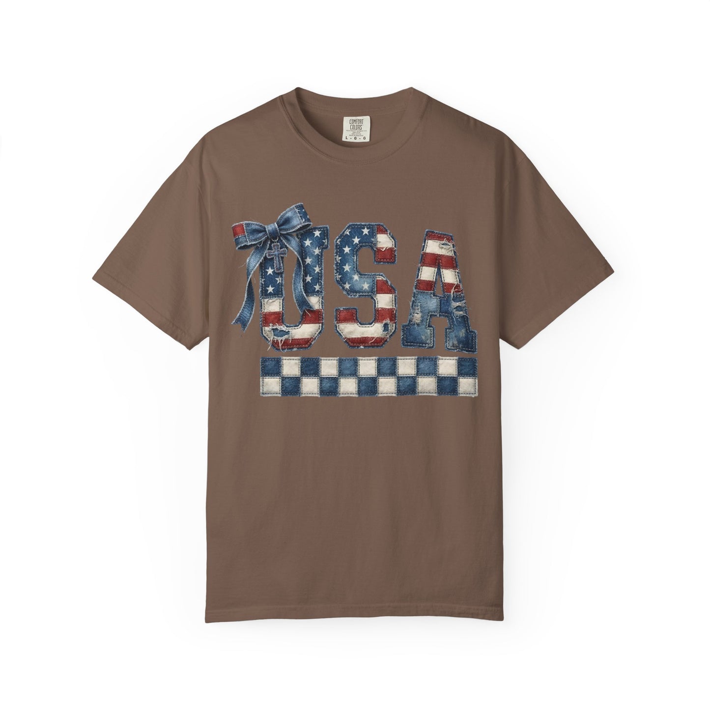 USA Patchwork Denim T-Shirt • Red White Blue Coquette Bow Tee • Americana Graphic Shirt