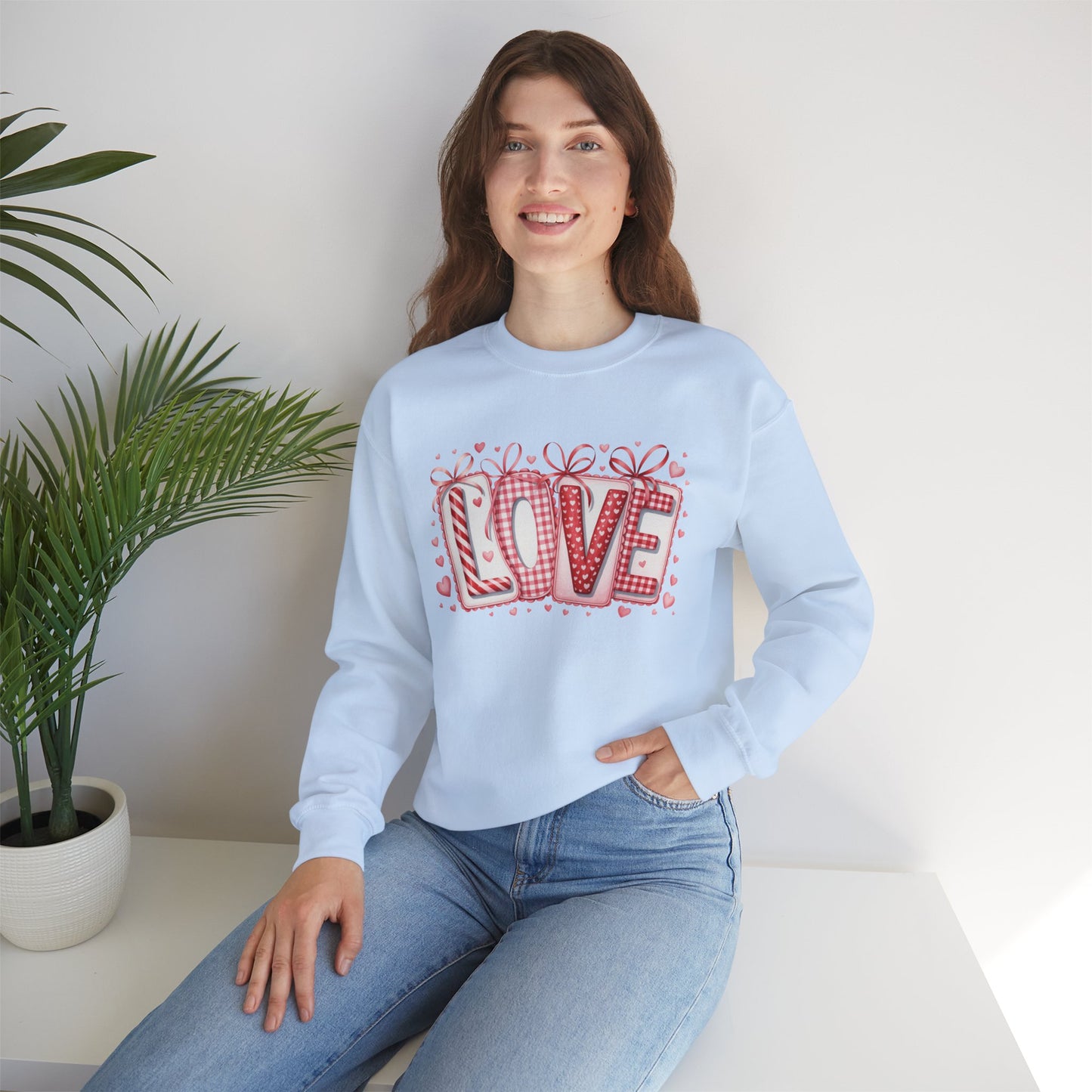 Valentine LOVE Sweatshirt with Coquette Bows and Patchwork Letters • Girly Romantic Aesthetic