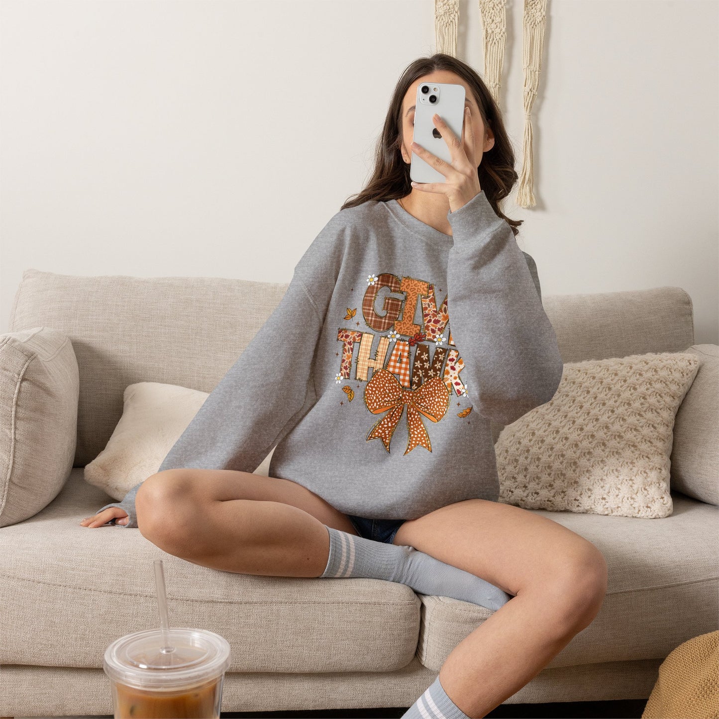 Give Thanks Crewneck Sweatshirt — Autumn Plaid Thanksgiving Pullover