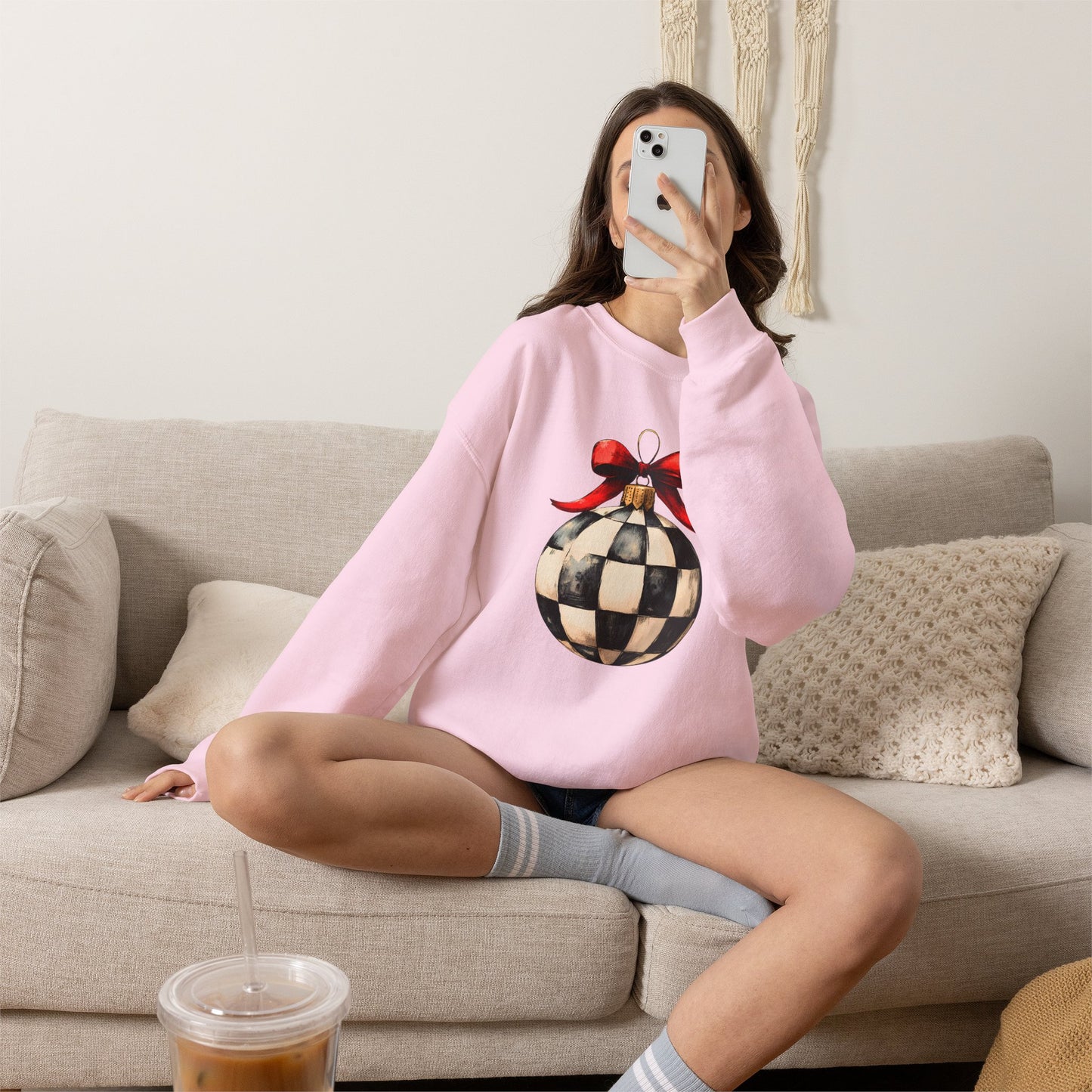 Checkerboard Ornament Crewneck Sweatshirt — Vintage Black & White Holiday Pullover
