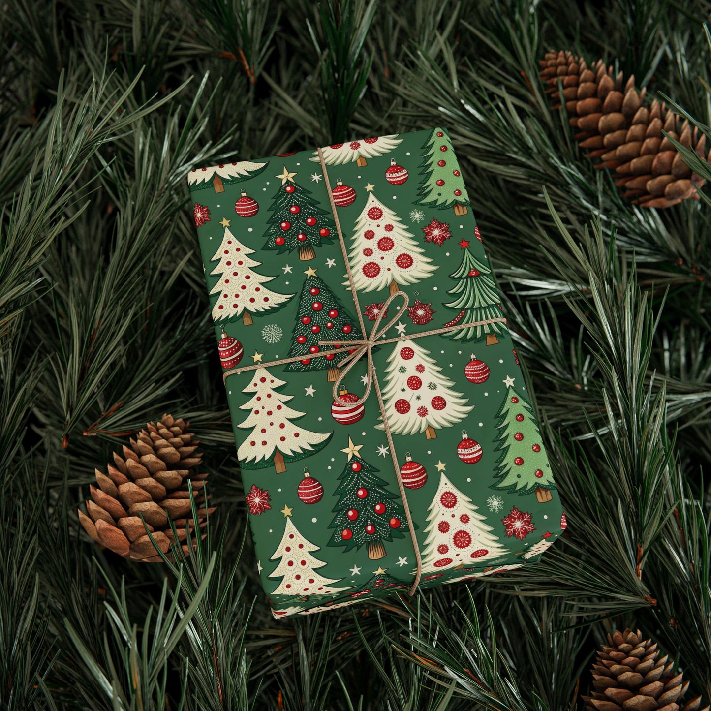 Christmas Tree Wrapping Paper & Blanket | Red Green Holiday Pattern | Festive Ornaments & Snowflakes | Cozy Christmas Gift Wrap & Decor