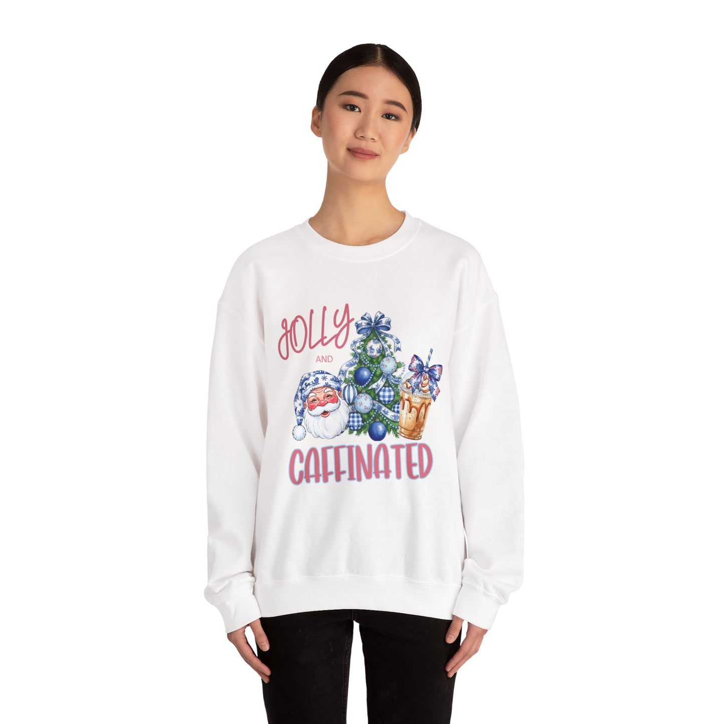 Jolly and Caffeinated Sweatshirt - Cozy Holiday Crewneck for Christmas, Winter, Gift, Festive Wear, Comfy Apparel