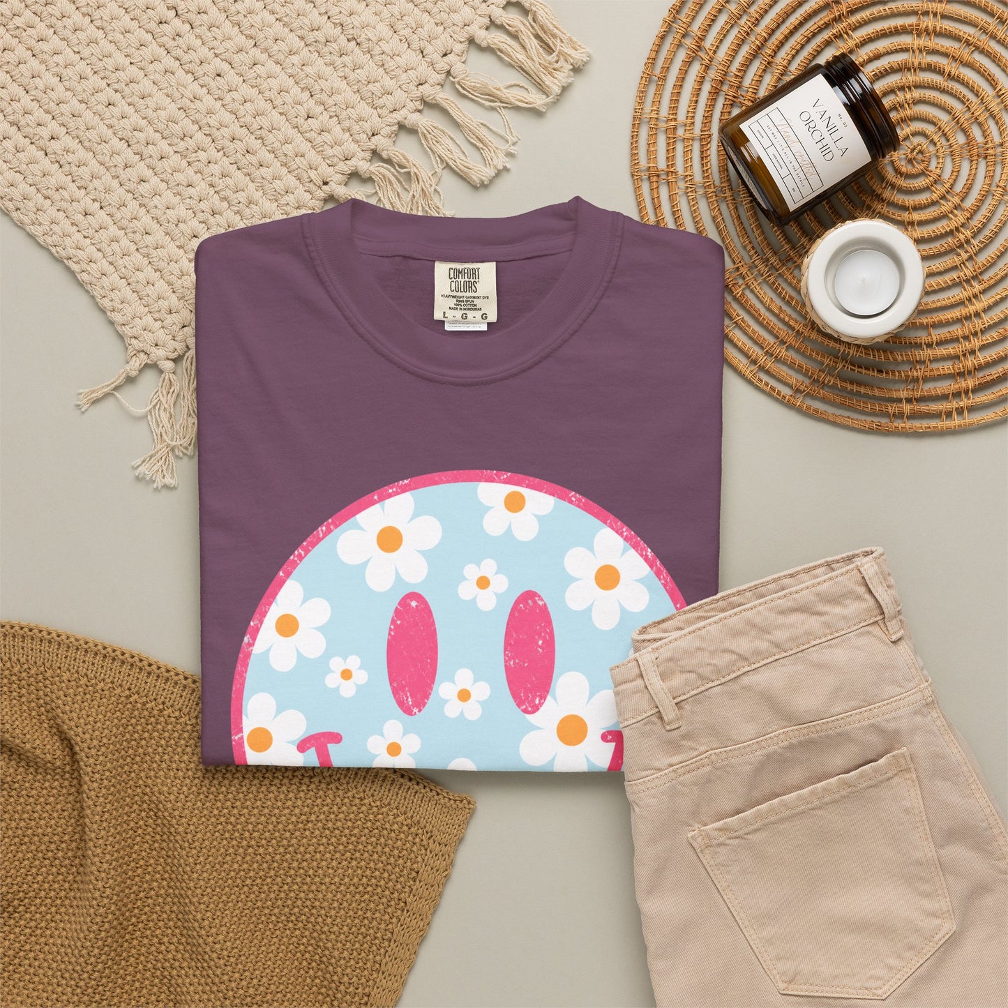 Pink Daisy Smiley Face Tee • Retro Floral Happy Face Shirt • Boutique Mama Graphic Tee