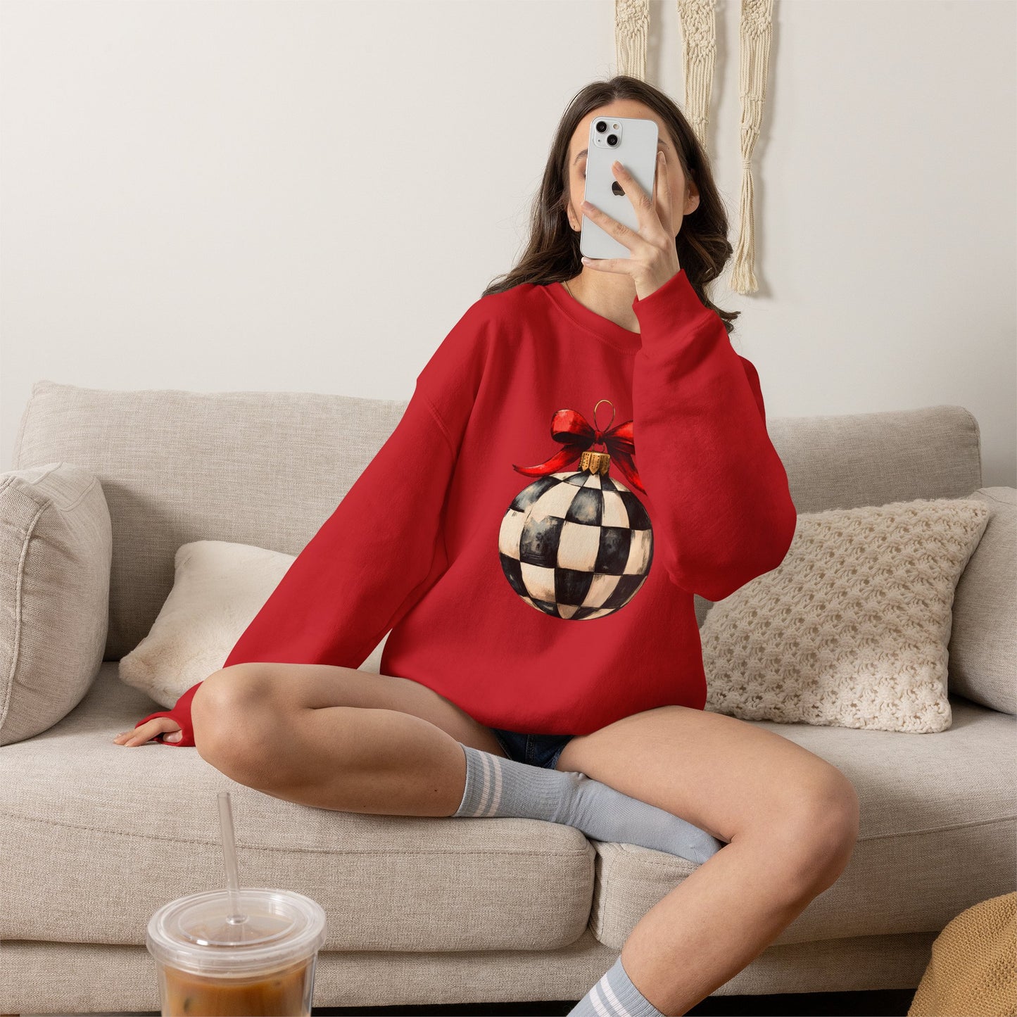 Checkerboard Ornament Crewneck Sweatshirt — Vintage Black & White Holiday Pullover