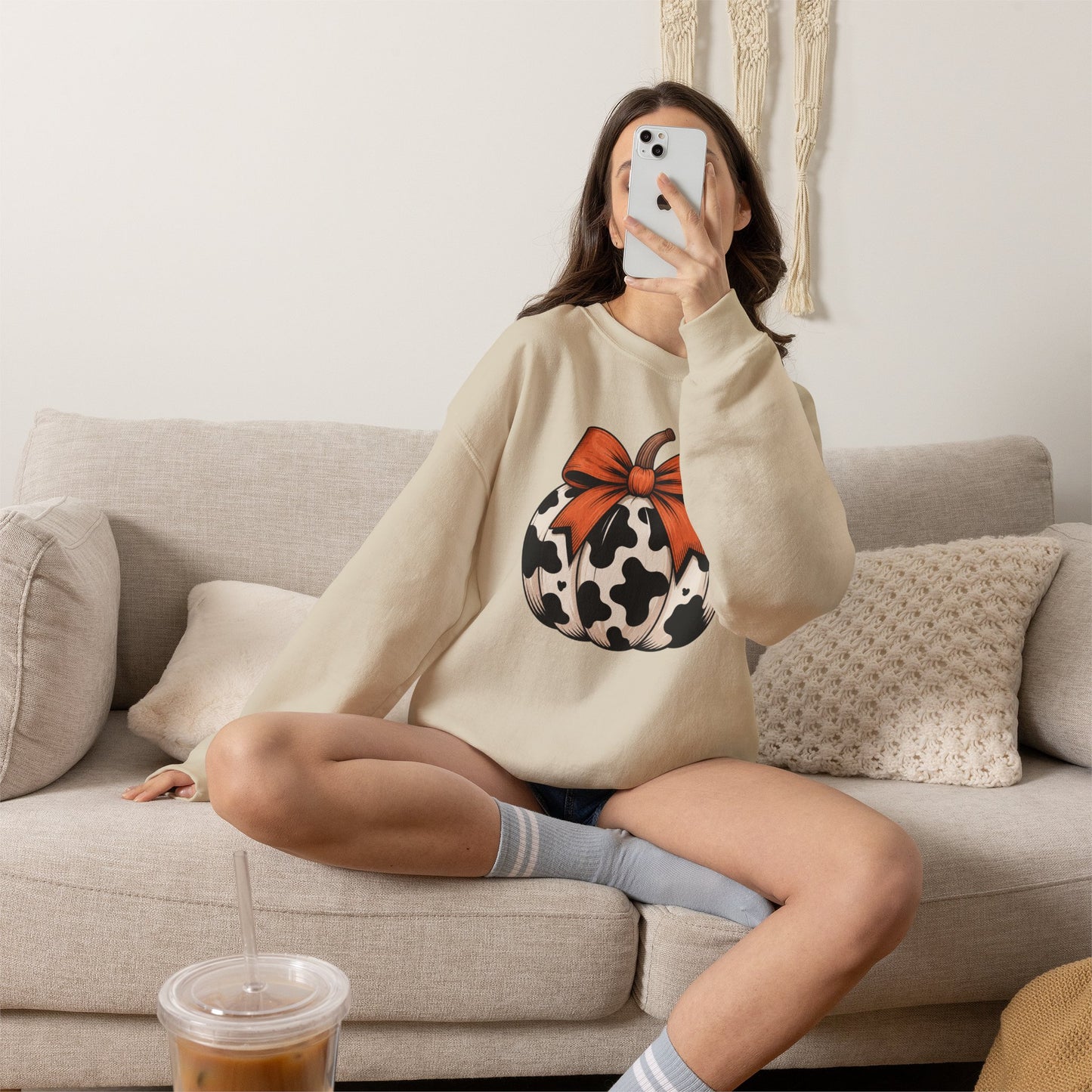 Cow print Pumpkin Sweatshirt — Halloween Fall Crewneck with Orange Bow
