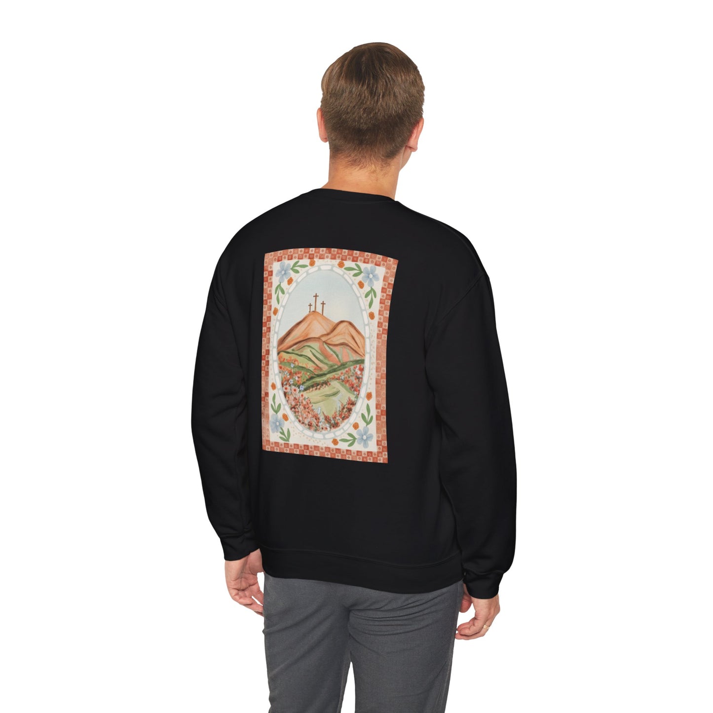 Easter Landscape Faith Sweatshirt (Front & Back) • Christian Mountain Cross Crewneck • Floral Resurrection Scene Graphic