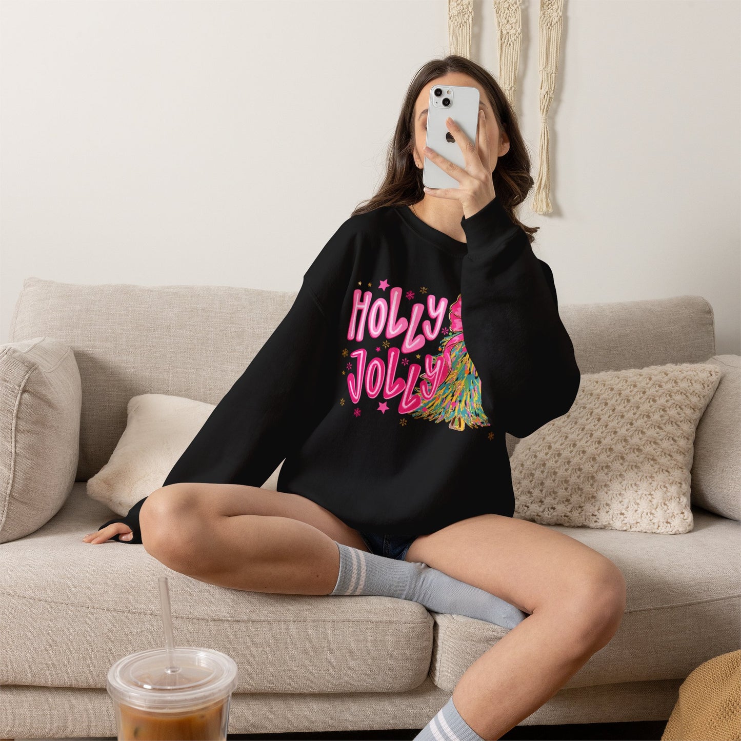 Holly Jolly Pink Christmas Tree Crewneck Sweatshirt