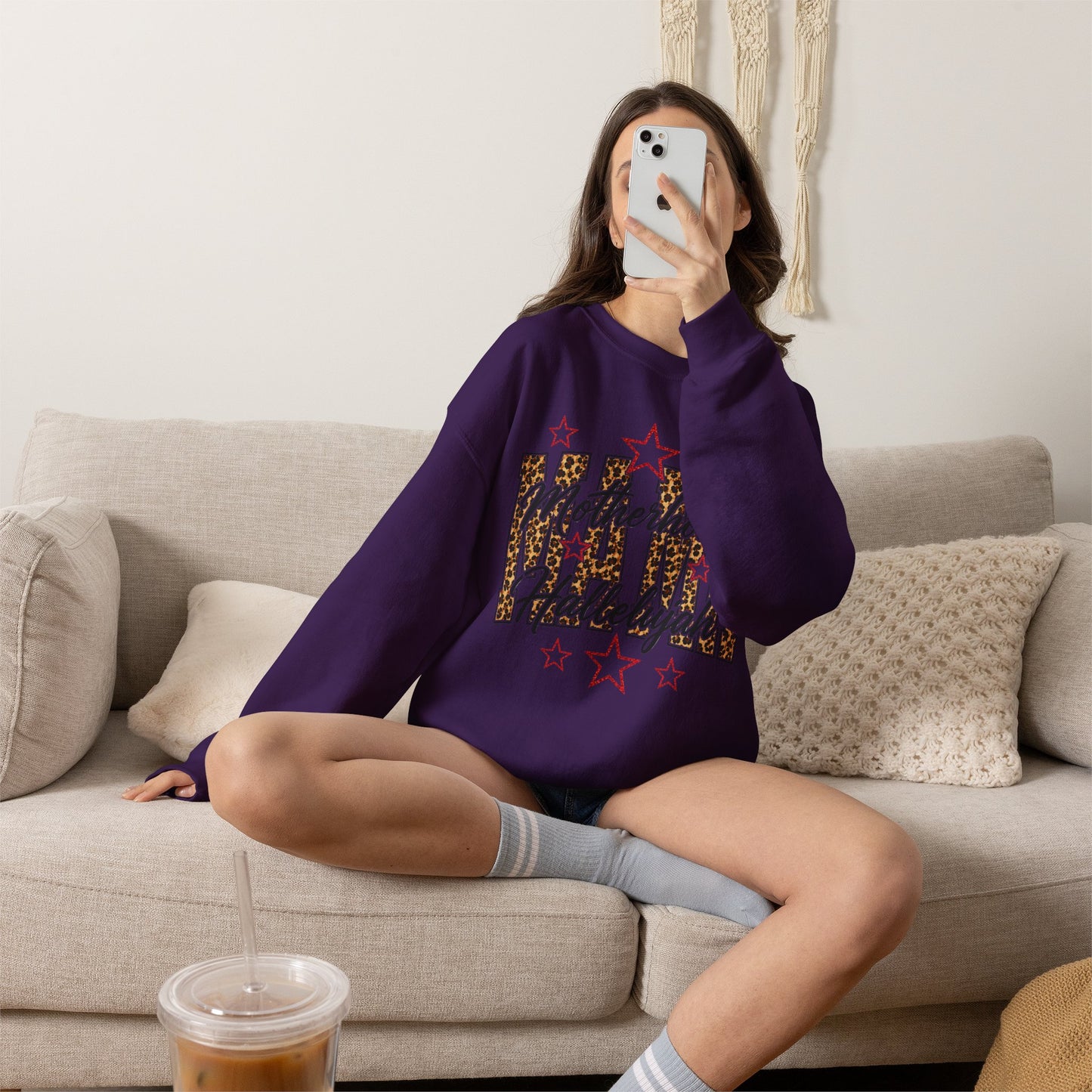 Motherhood Hallelujah Crewneck Sweatshirt — Leopard Flag Graphic