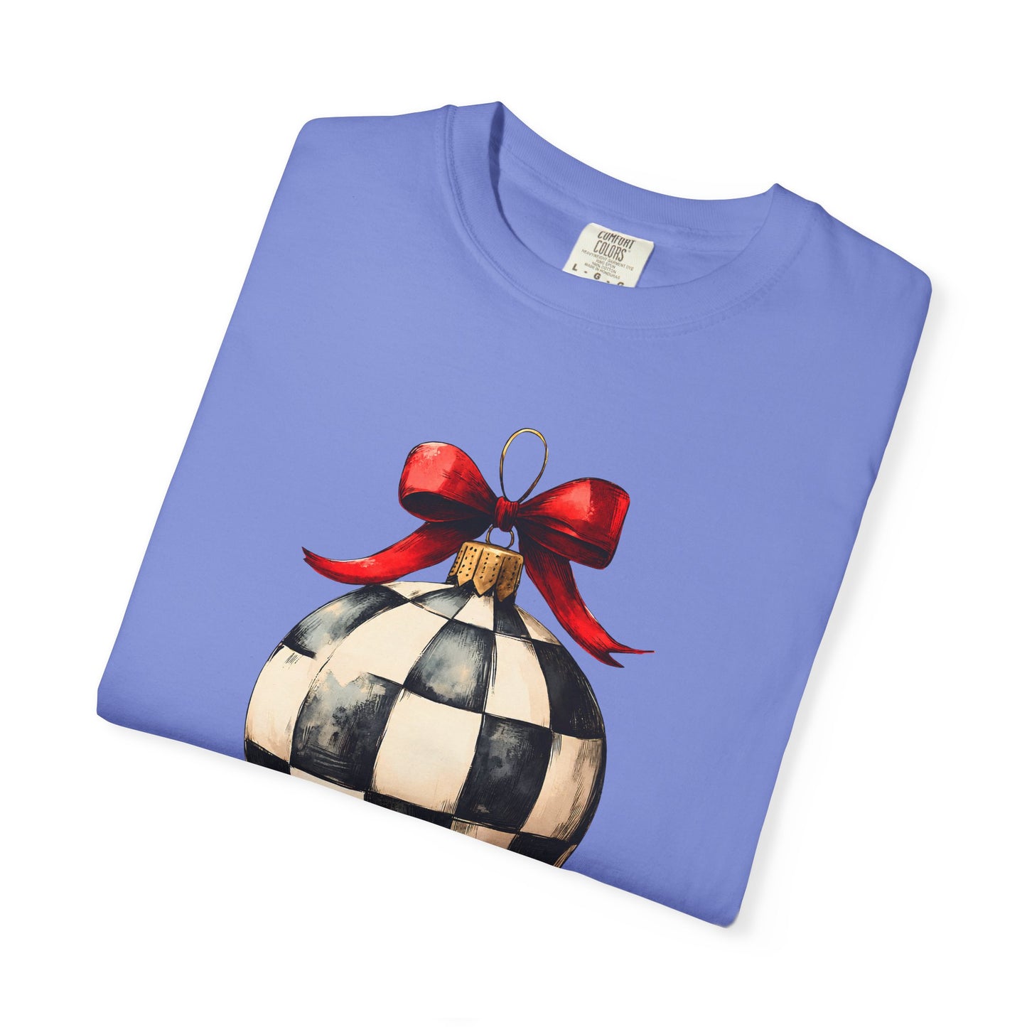 Checkerboard Ornament T-Shirt — Holiday Ball with Red Bow