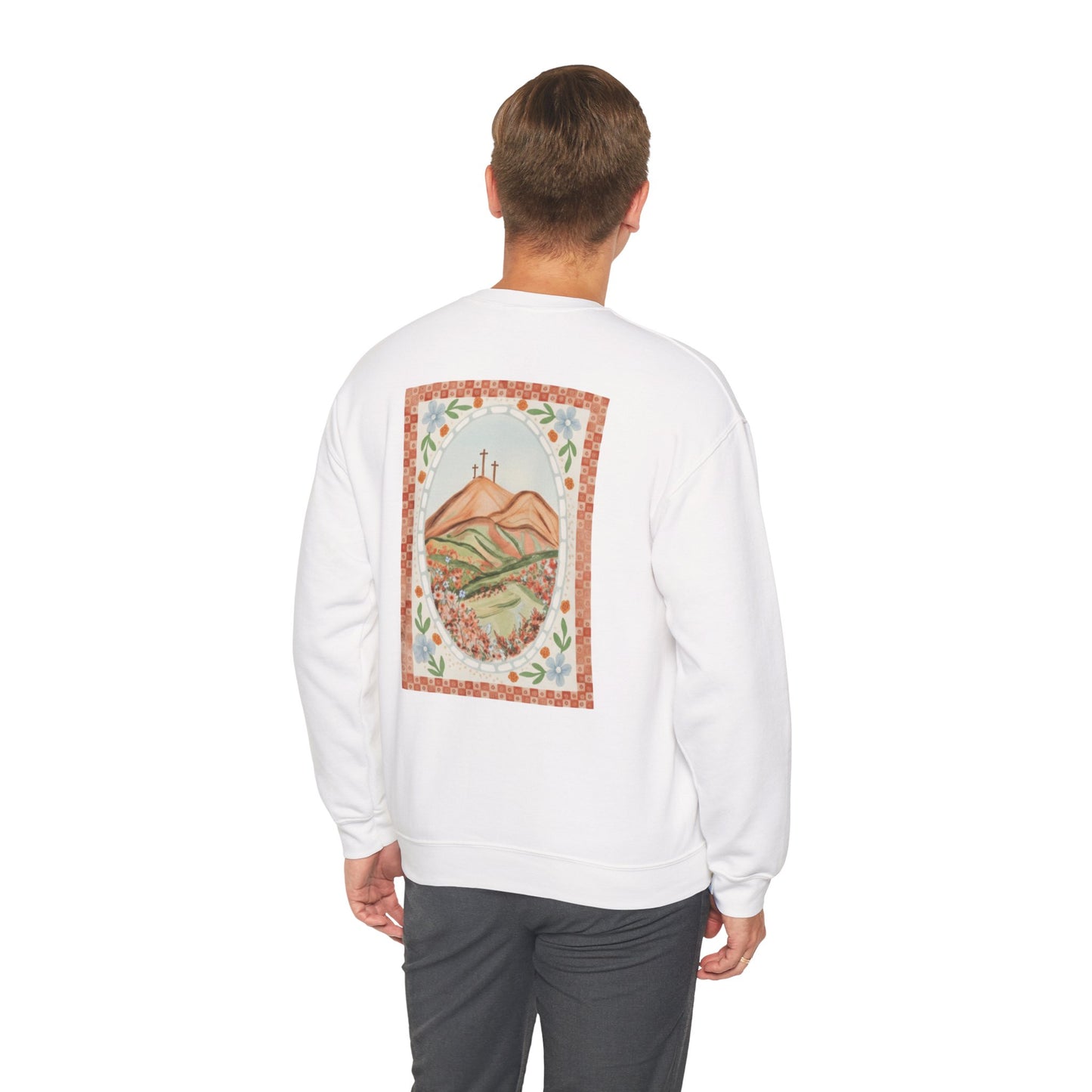 Easter Landscape Faith Sweatshirt (Front & Back) • Christian Mountain Cross Crewneck • Floral Resurrection Scene Graphic