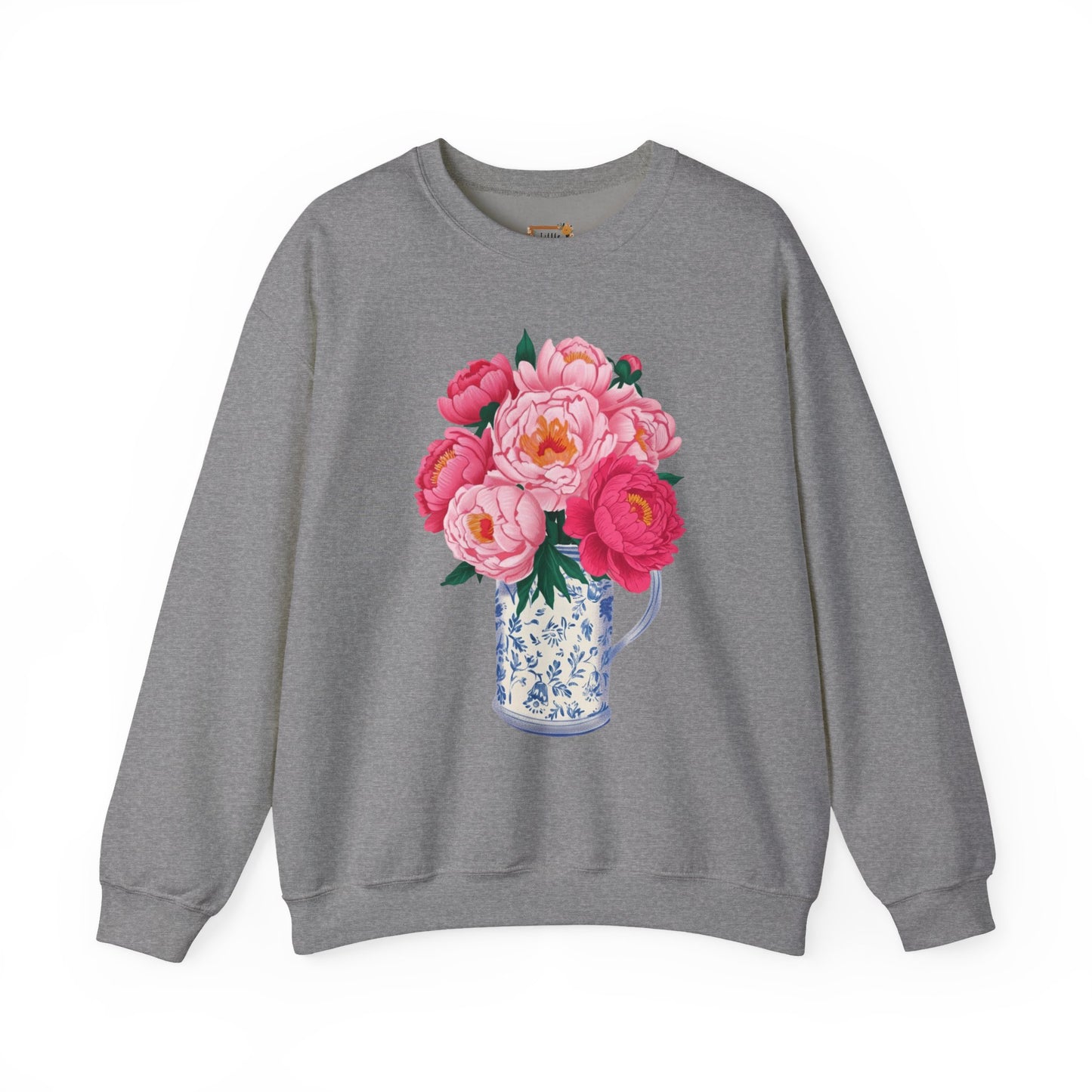 Pink Peonies in Blue Vintage Vase Floral Sweatshirt • Cottagecore Garden Bouquet Crewneck • Botanical Apparel