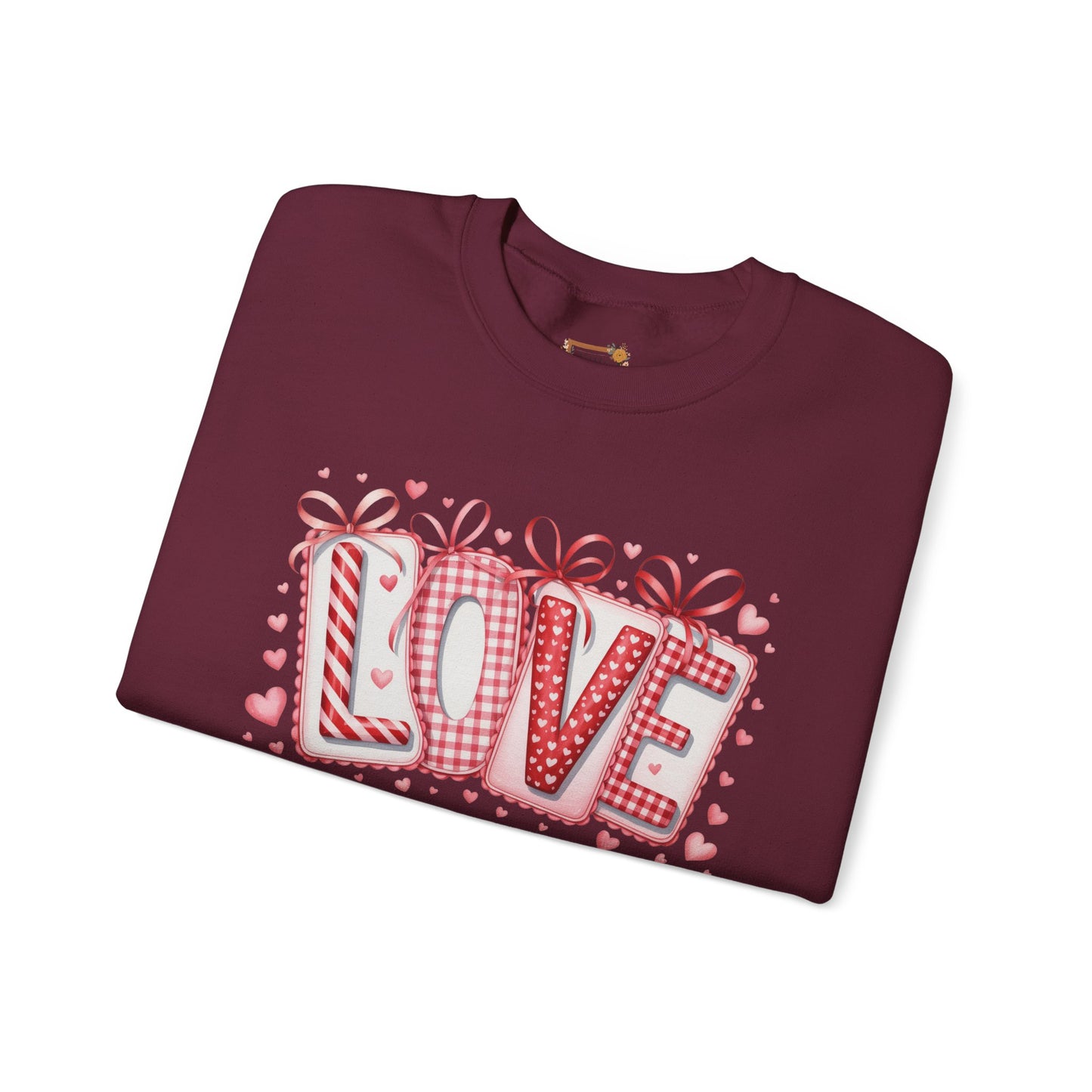 Valentine LOVE Sweatshirt with Coquette Bows and Patchwork Letters • Girly Romantic Aesthetic