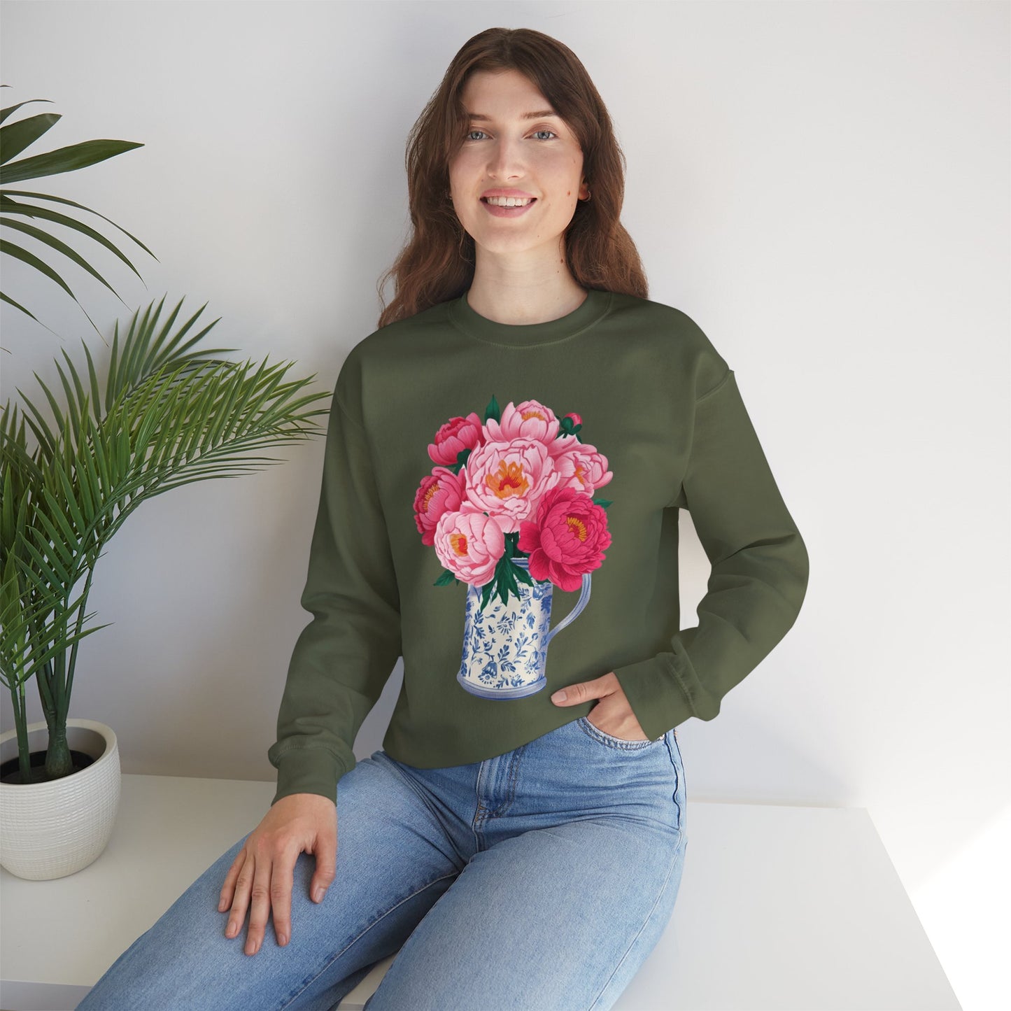 Pink Peonies in Blue Vintage Vase Floral Sweatshirt • Cottagecore Garden Bouquet Crewneck • Botanical Apparel