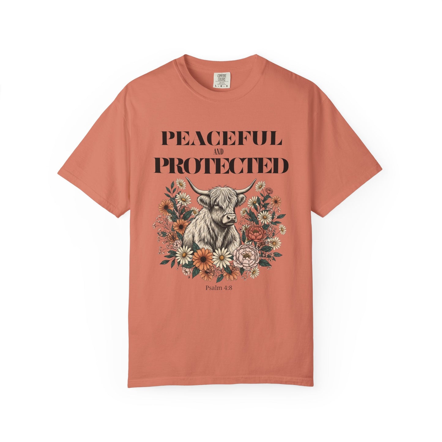 Peaceful and Protected Highland Cow Tee • Psalm 4:8 • Western Floral Faith Shirt