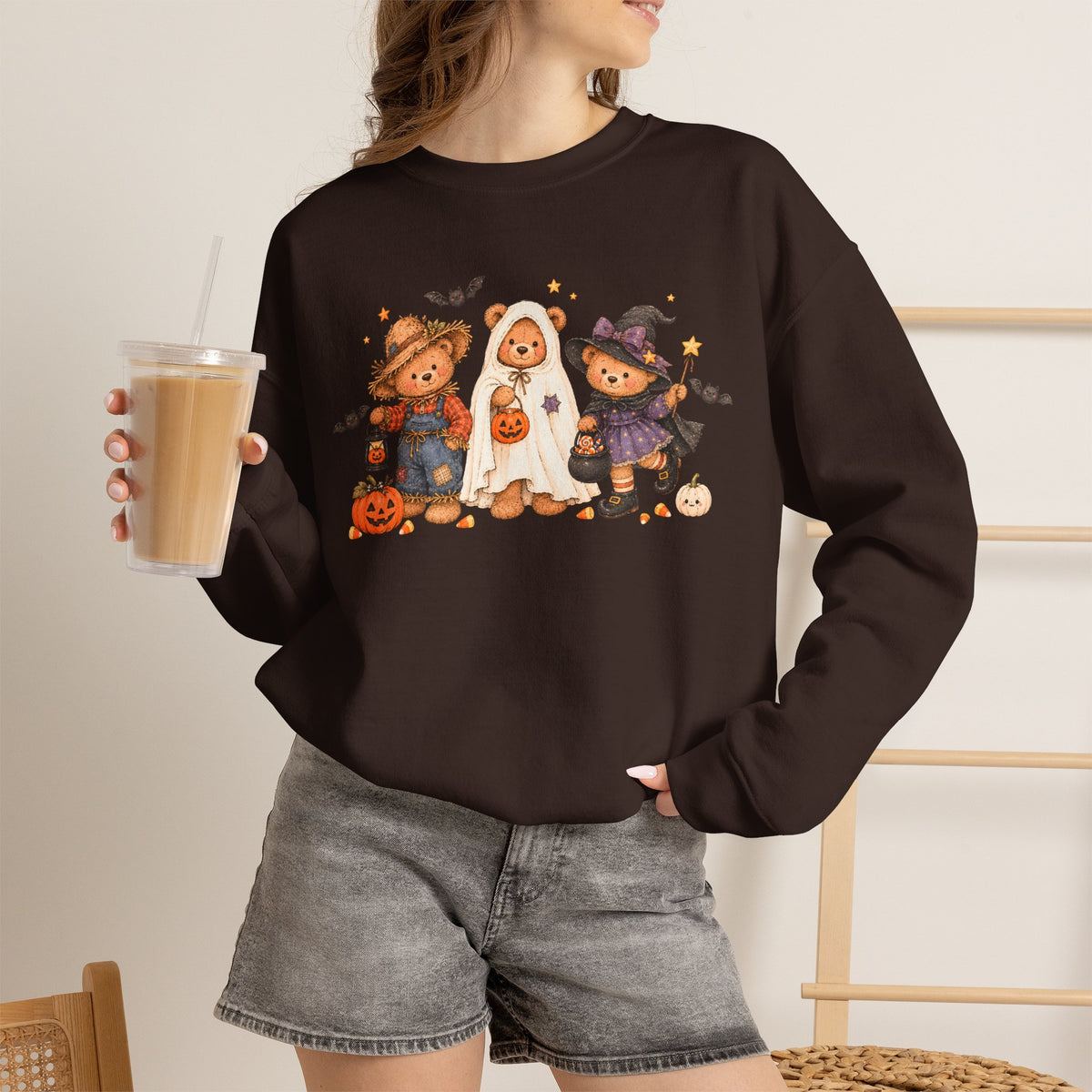 Halloween Teddy Bear Sweatshirt, Cute Trick or Treat Crewneck, Witch Ghost Scarecrow Bears, Spooky Season Fall Sweatshirt