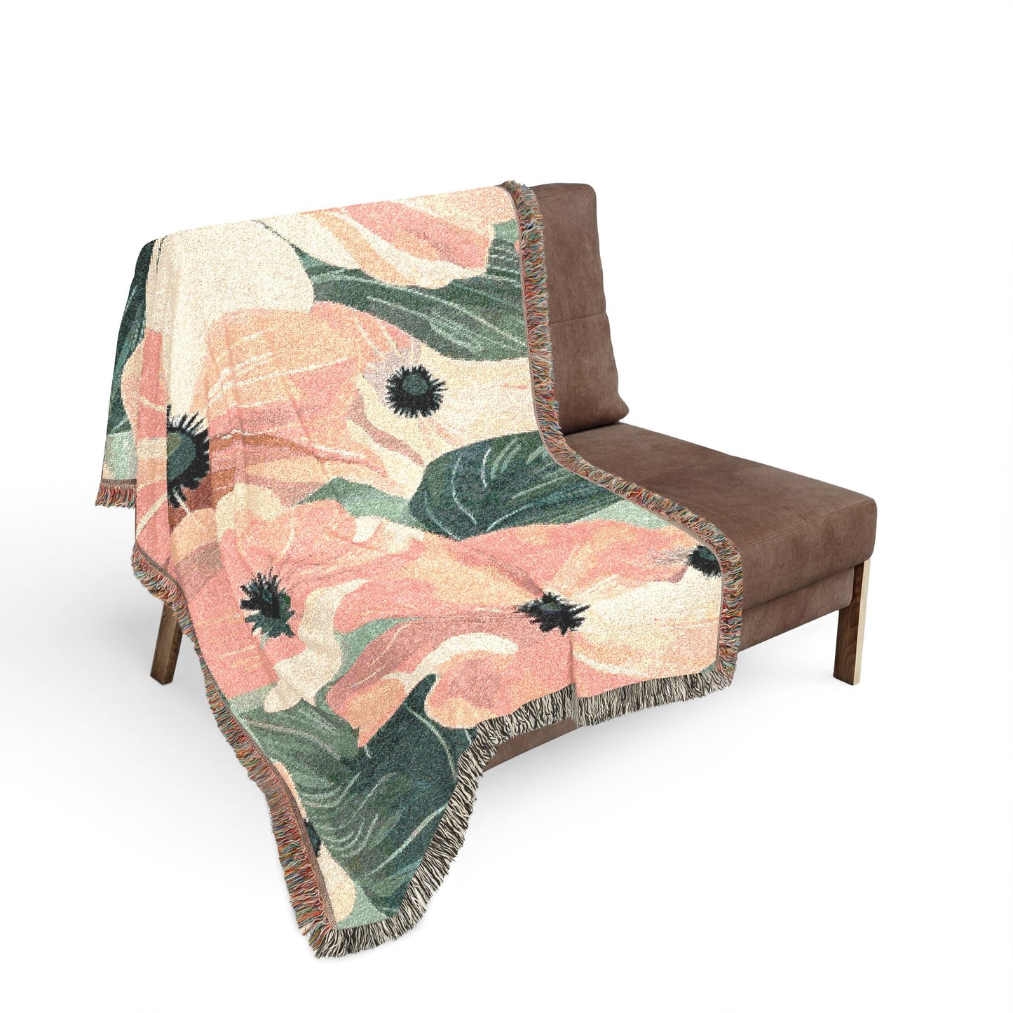 Floral Woven Blanket — Vintage Pink & Green Botanical Throw
