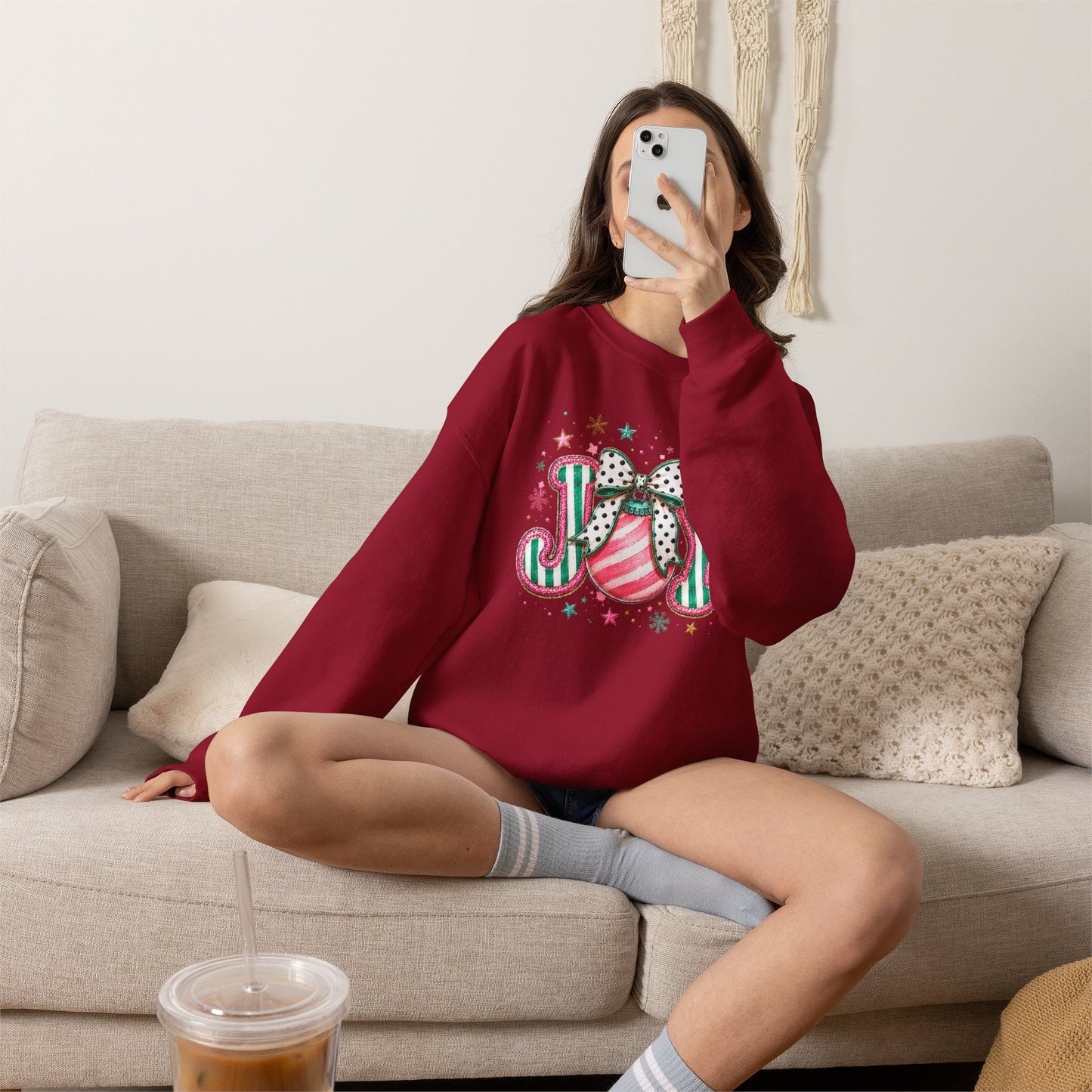Joy Ornament Crewneck Sweatshirt – Pink & Green Holiday Joy Graphic
