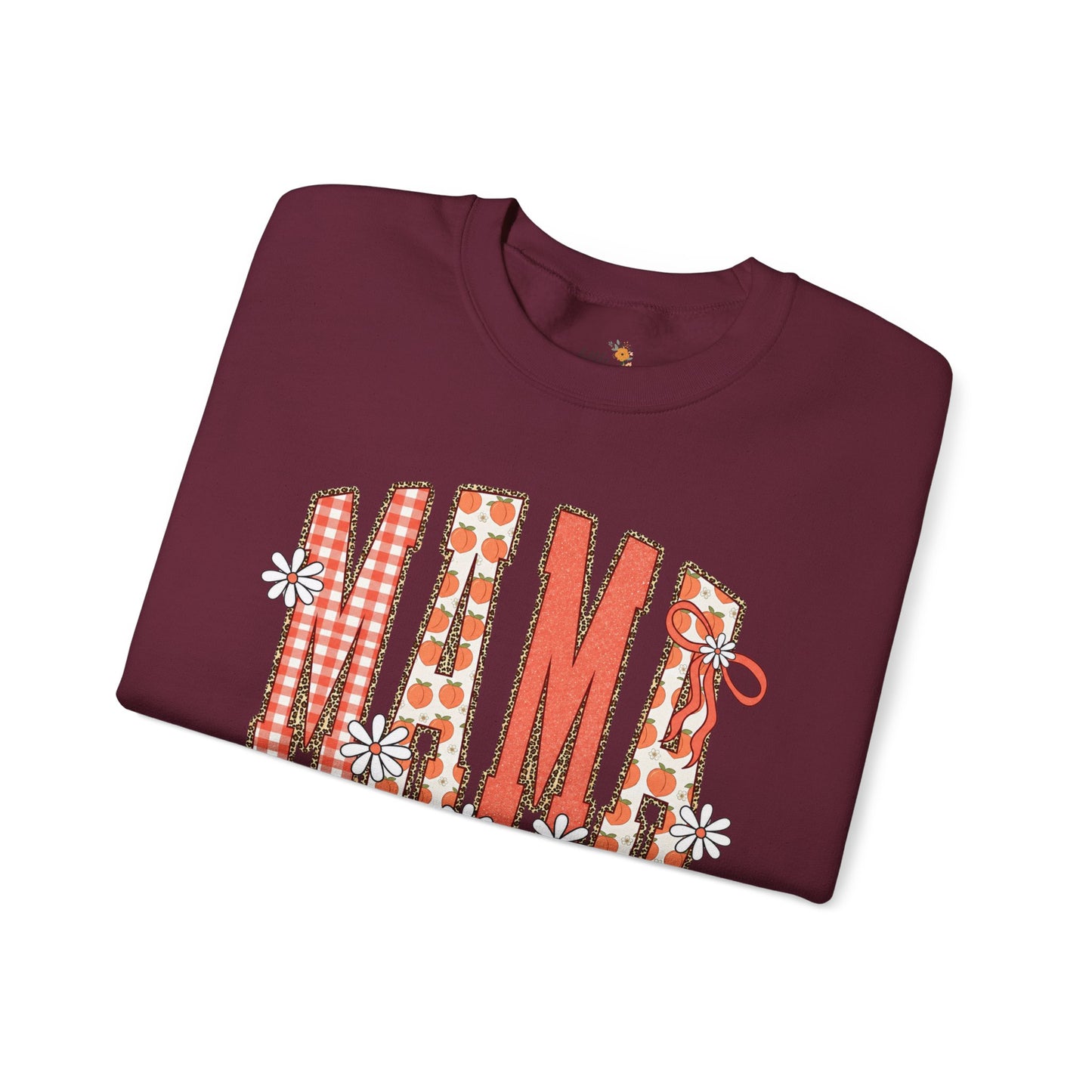 Daisy Peach MAMA Floral Sweatshirt • Spring Graphic Crew • Peach Gingham Mom pullover • Feminine Boutique Everyday Outfit
