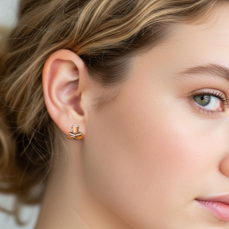 Pumpkin Spice Coffee Earrings – Cozy Fall Studs with Books & Leaves | Little Honey Collective