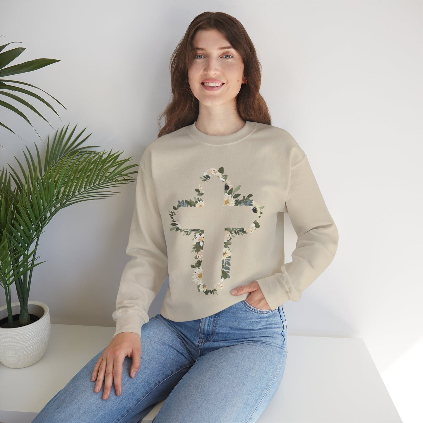 Floral Cross Crewneck Sweatshirt — Christian Faith Floral Pullover