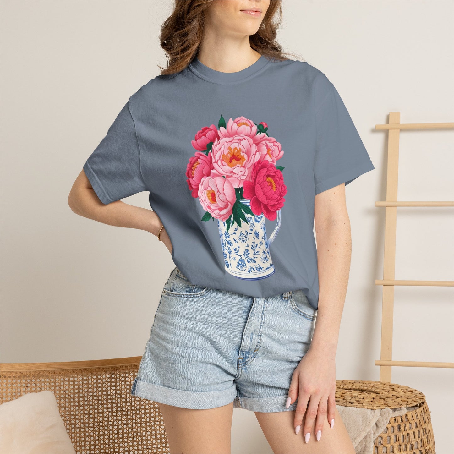 Peony Bouquet T-Shirt — Pink Peony in Vintage White & Blue Floral Vase