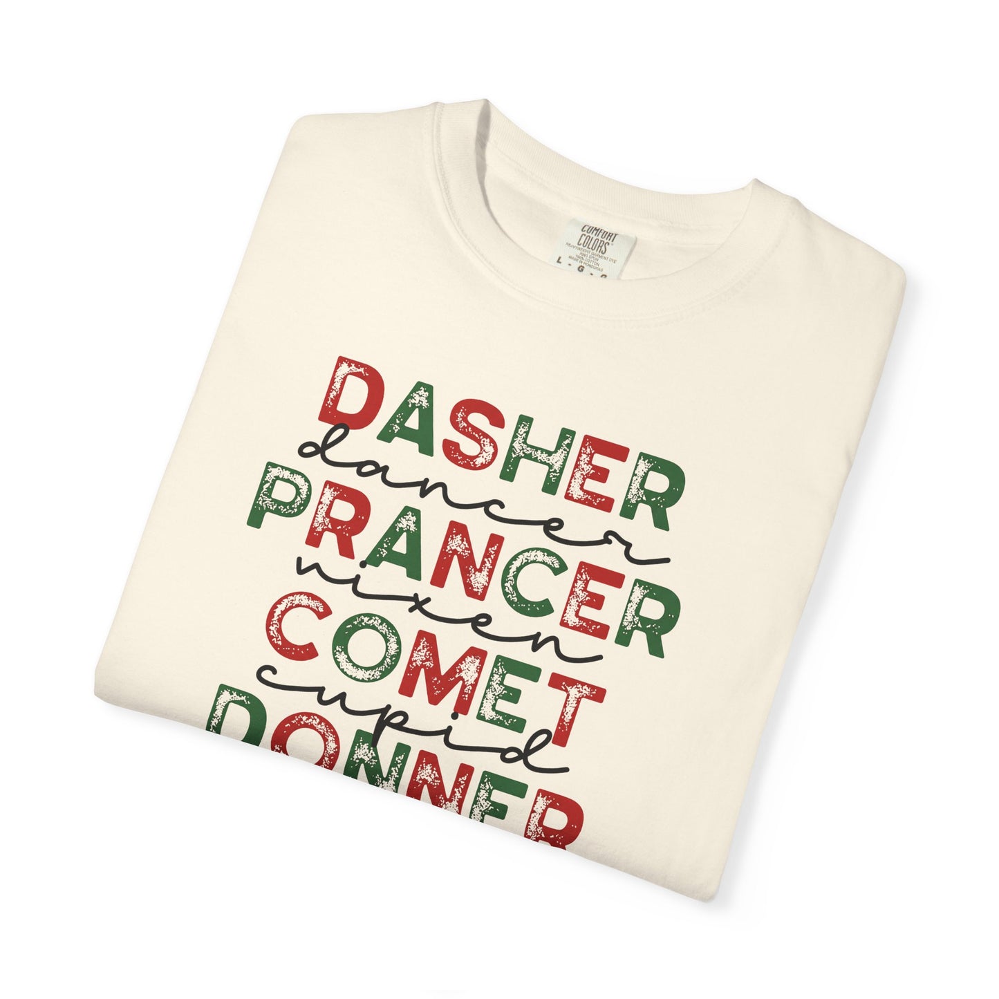 Reindeer Names Christmas T-Shirt — Dasher, Dancer, Prancer, Vixen, Comet, Cupid, Donner, Rudolph