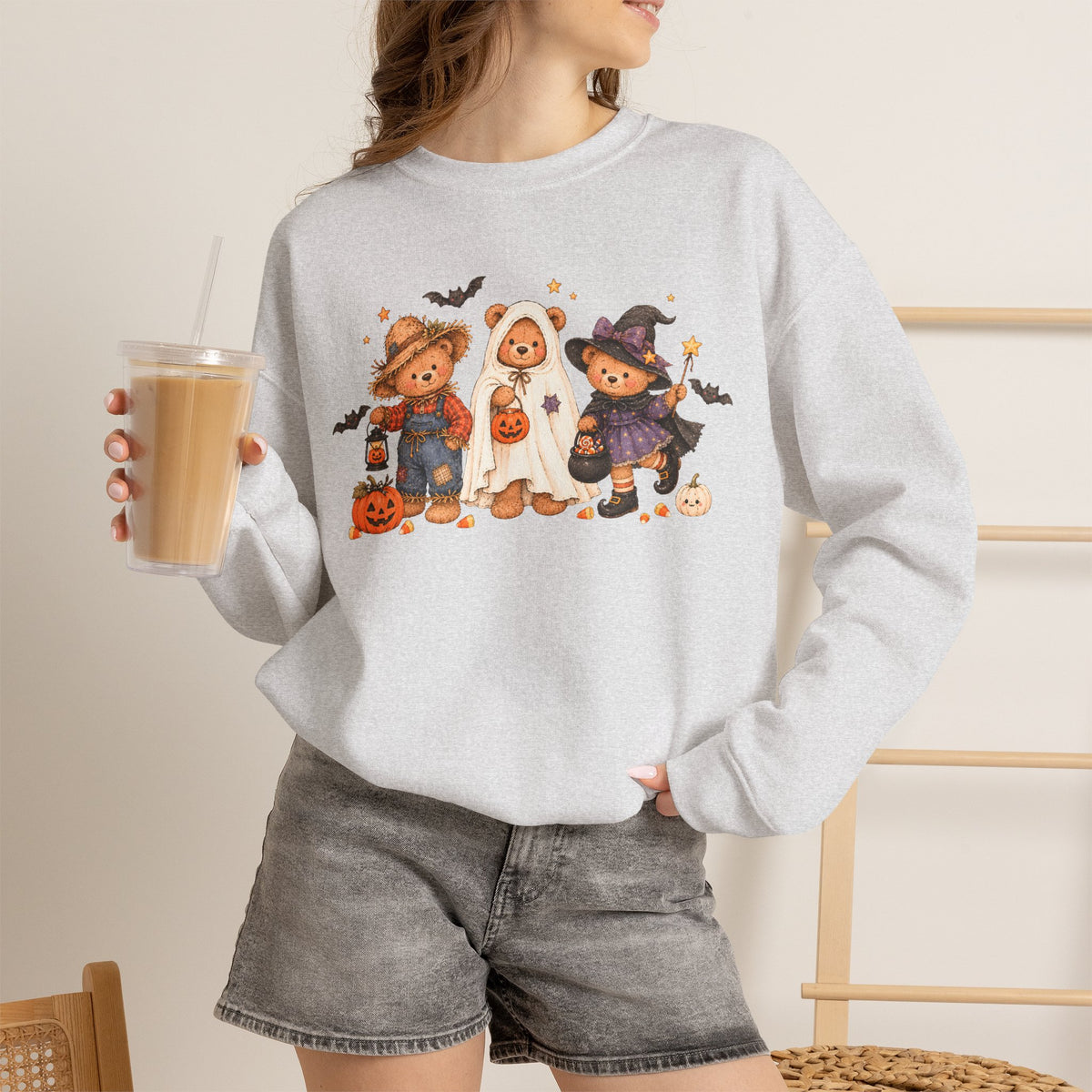 Halloween Teddy Bear Sweatshirt, Cute Trick or Treat Crewneck, Witch Ghost Scarecrow Bears, Spooky Season Fall Sweatshirt