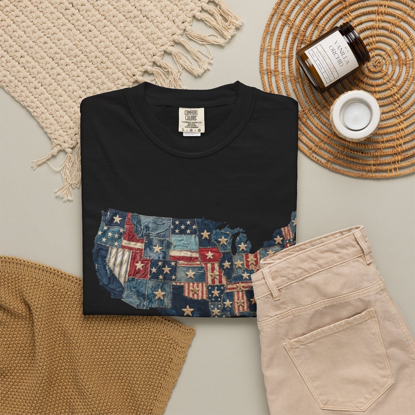 Denim American Flag T-Shirt • USA Patchwork Map Tee • Patriotic Vintage Stars Graphic Shirt