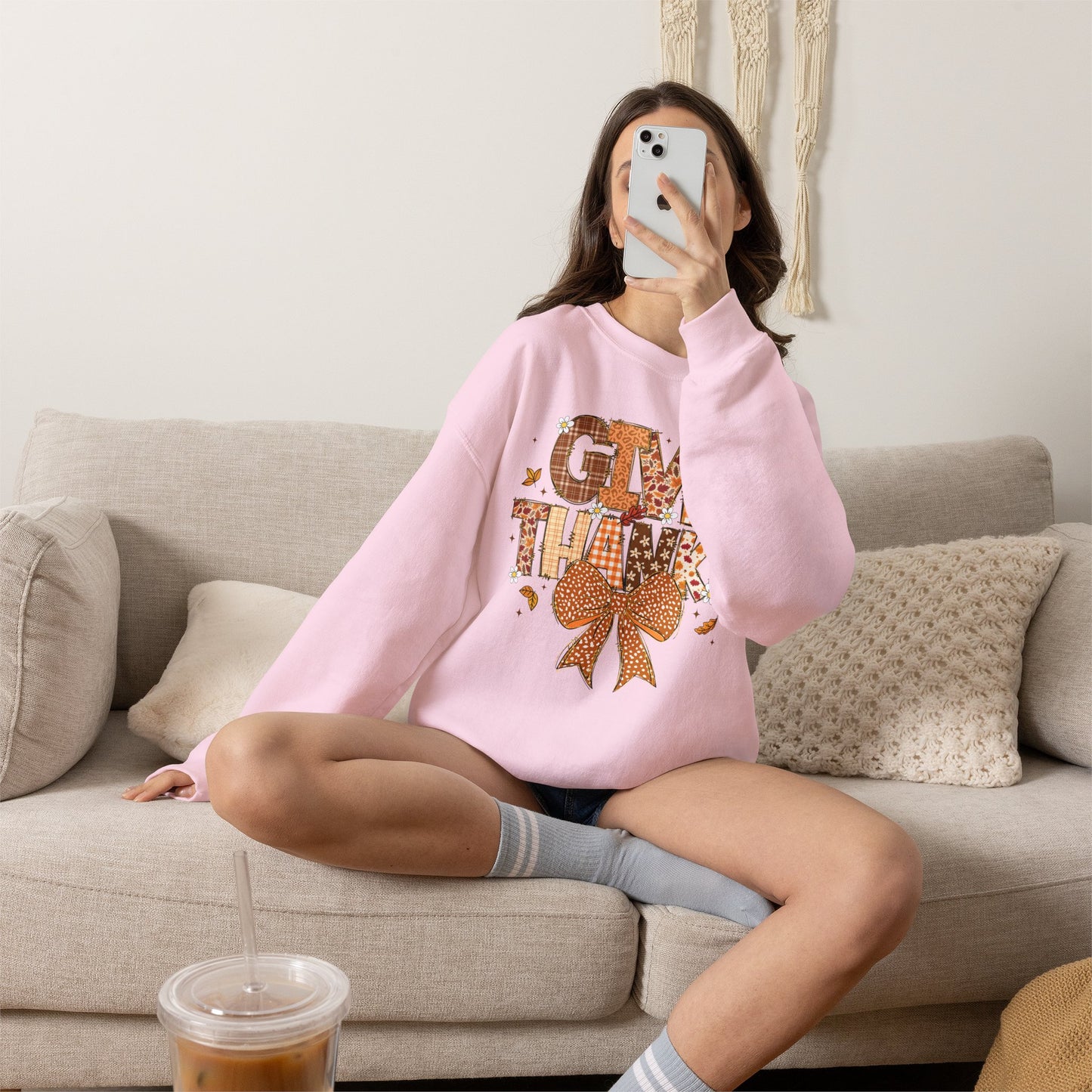 Give Thanks Crewneck Sweatshirt — Autumn Plaid Thanksgiving Pullover