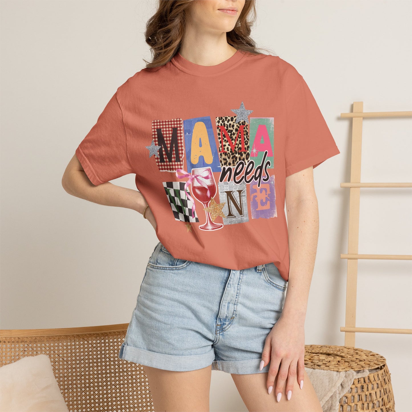 Mama Needs Wine Graphic Tee • Funny Mom Shirt Women • Trendy Patchwork Mixed Print Leopard Gingham Tee • Mom Life Shirt