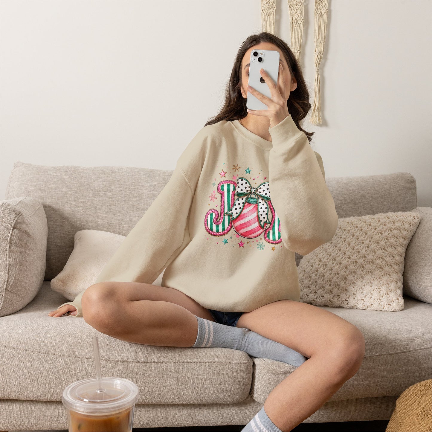 Joy Ornament Crewneck Sweatshirt – Pink & Green Holiday Joy Graphic