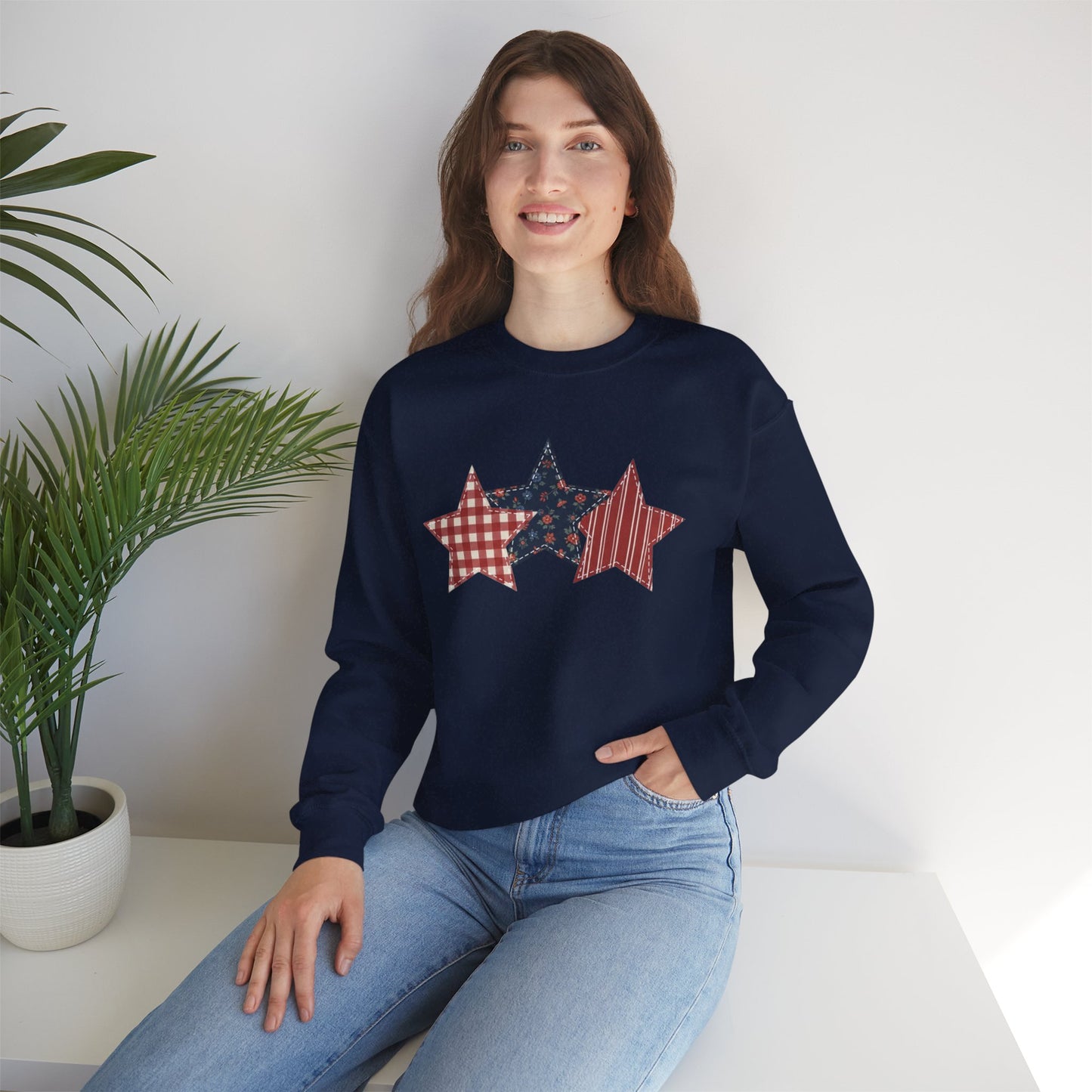 4th of July Patchwork Star Sweatshirt for Summer nights • Floral Gingham Red White Blue USA Crewneck • Patriotic Outfit
