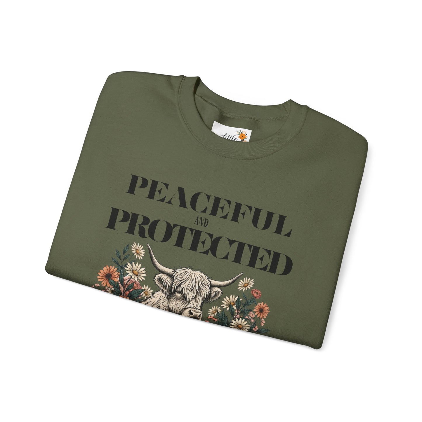 Peaceful and Protected Highland Cow Floral Sweatshirt • Psalm 4:8 Christian Crewneck • Western Cow Faith Graphic
