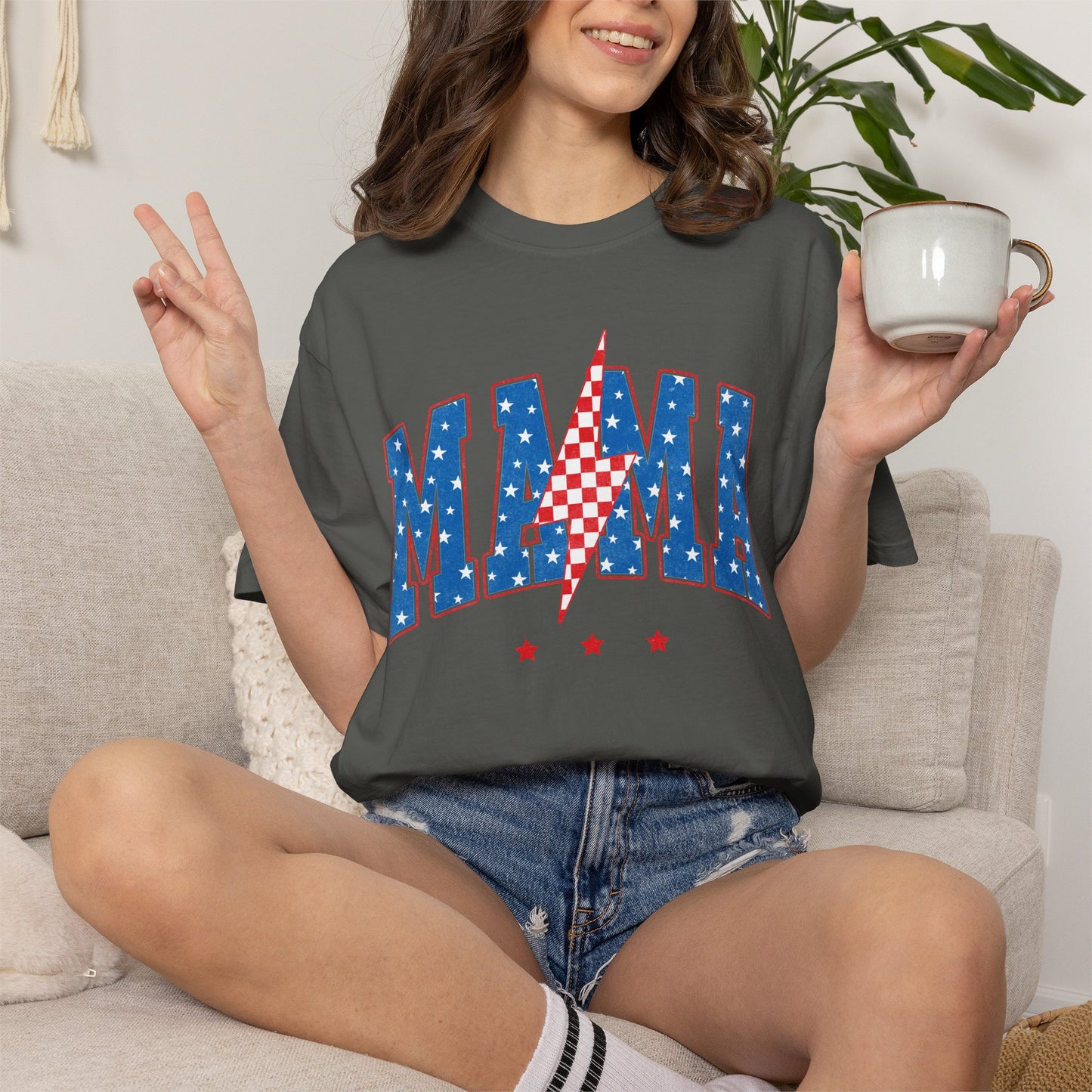 Patriotic MAMA Shirt • Lightning Bolt Mama Tee • Red White Blue Americana Graphic