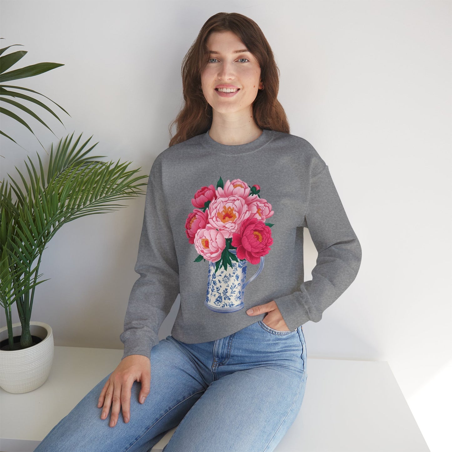 Pink Peonies in Blue Vintage Vase Floral Sweatshirt • Cottagecore Garden Bouquet Crewneck • Botanical Apparel