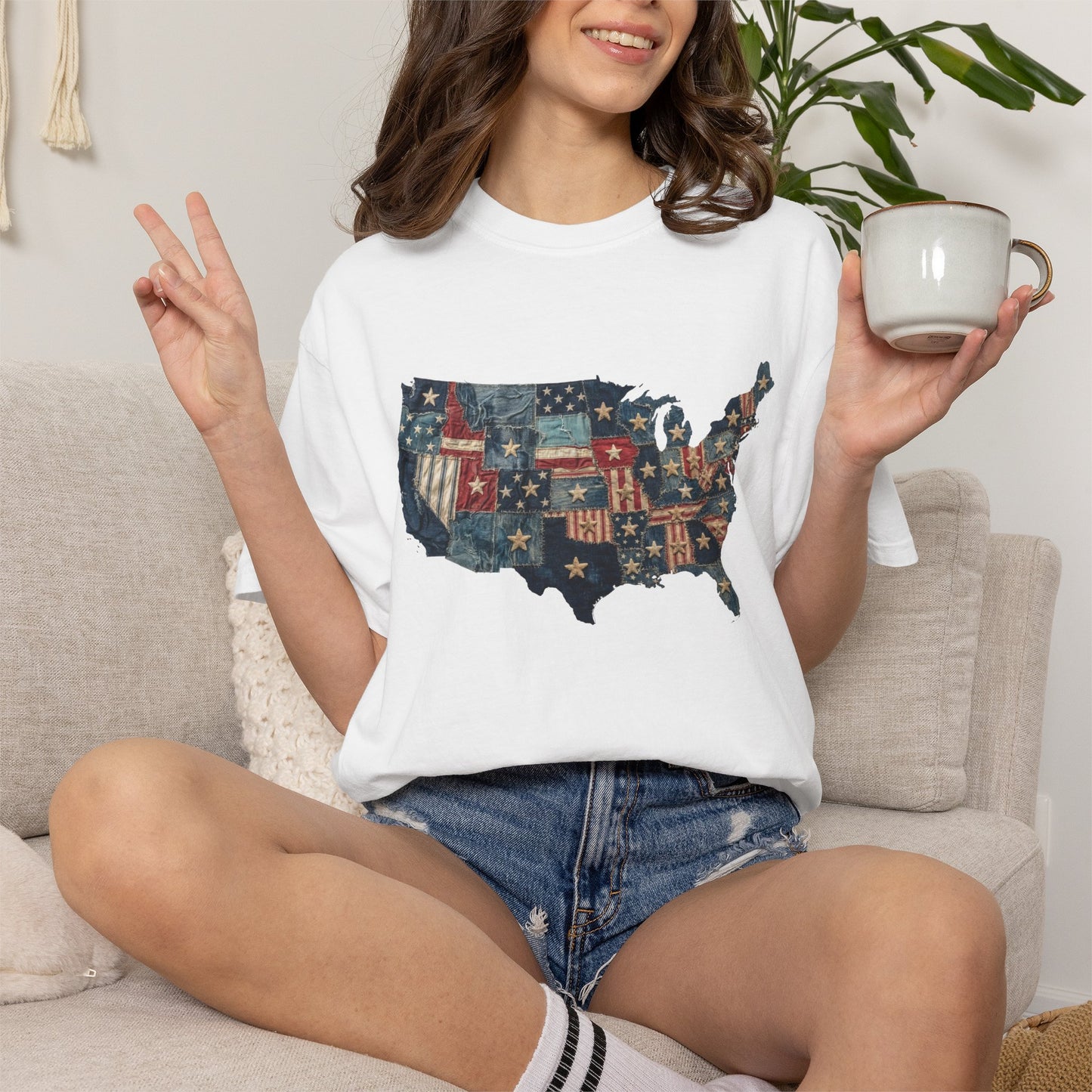 Denim American Flag T-Shirt • USA Patchwork Map Tee • Patriotic Vintage Stars Graphic Shirt