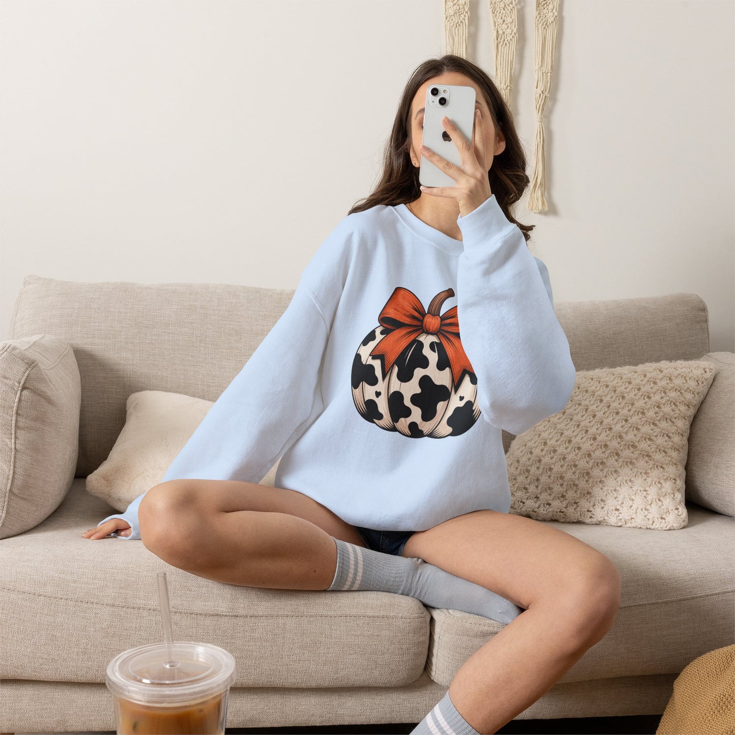 Cow print Pumpkin Sweatshirt — Halloween Fall Crewneck with Orange Bow