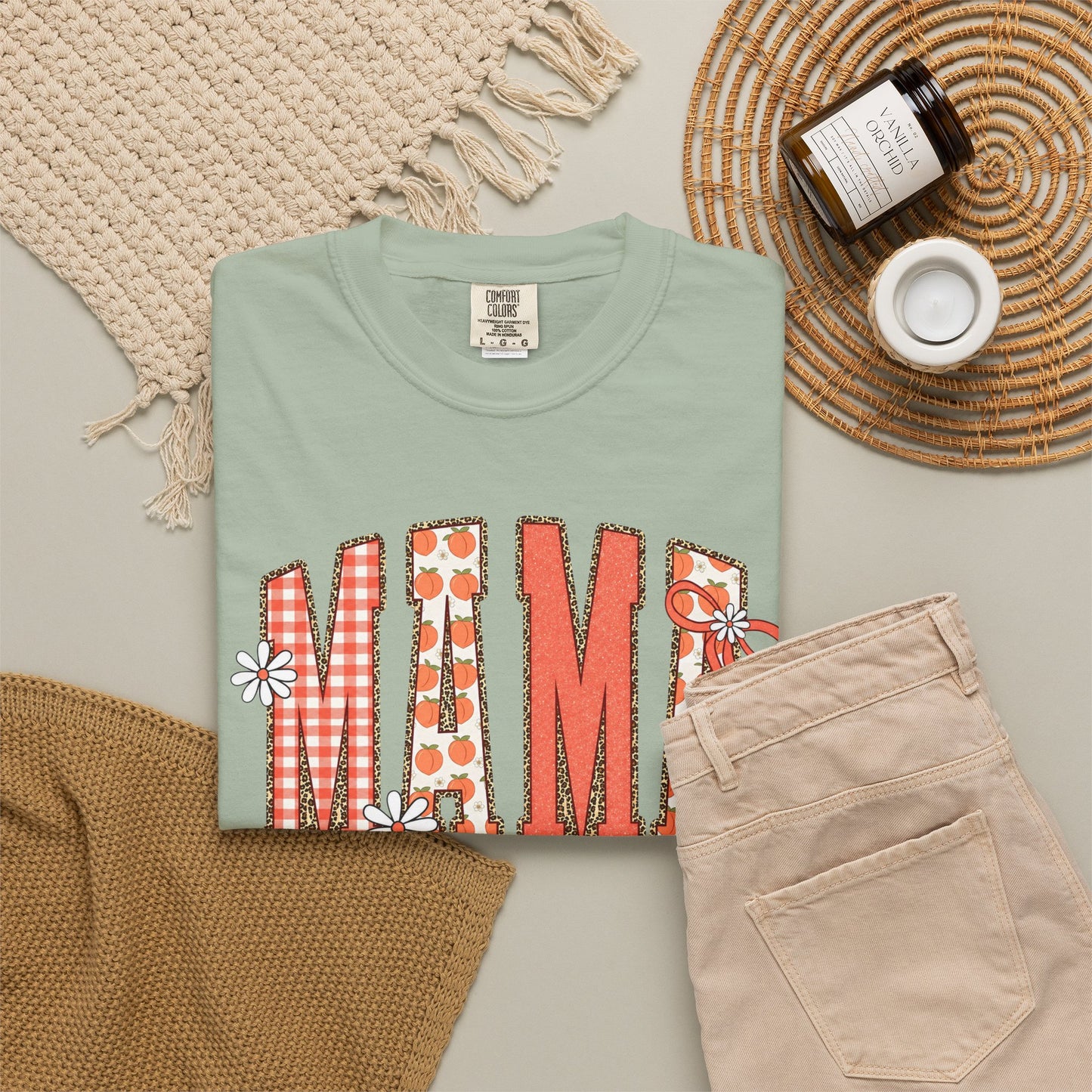 Daisy Peach MAMA Floral Shirt • Spring Graphic Tee • Peach Gingham Mom Shirt • Feminine Boutique Everyday Outfit