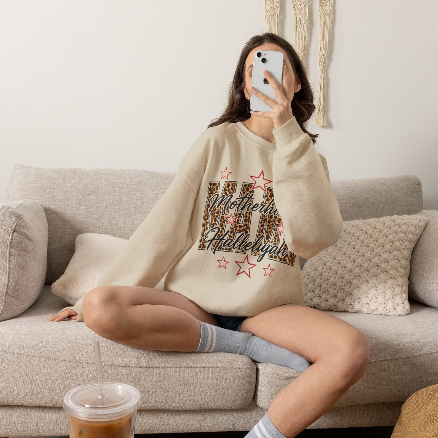 Motherhood Hallelujah Crewneck Sweatshirt — Leopard Flag Graphic
