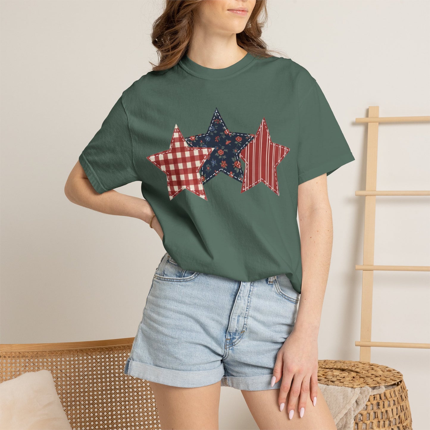 4th of July Patchwork Star T-Shirt for Summer nights • Floral Gingham Red White Blue USA Tee • Patriotic Outfit