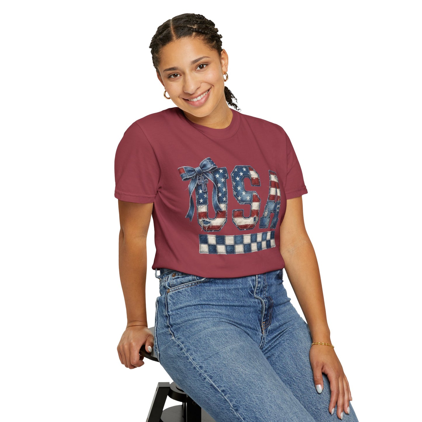 USA Patchwork Denim T-Shirt • Red White Blue Coquette Bow Tee • Americana Graphic Shirt