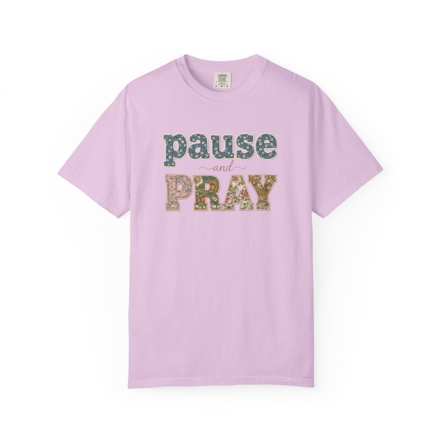 Pause and Pray Feux Patchwork Floral Scripture Tshirt • Vintage Cottagecore Christian Apparel for Women • Feminine Faith Aesthetic Tee