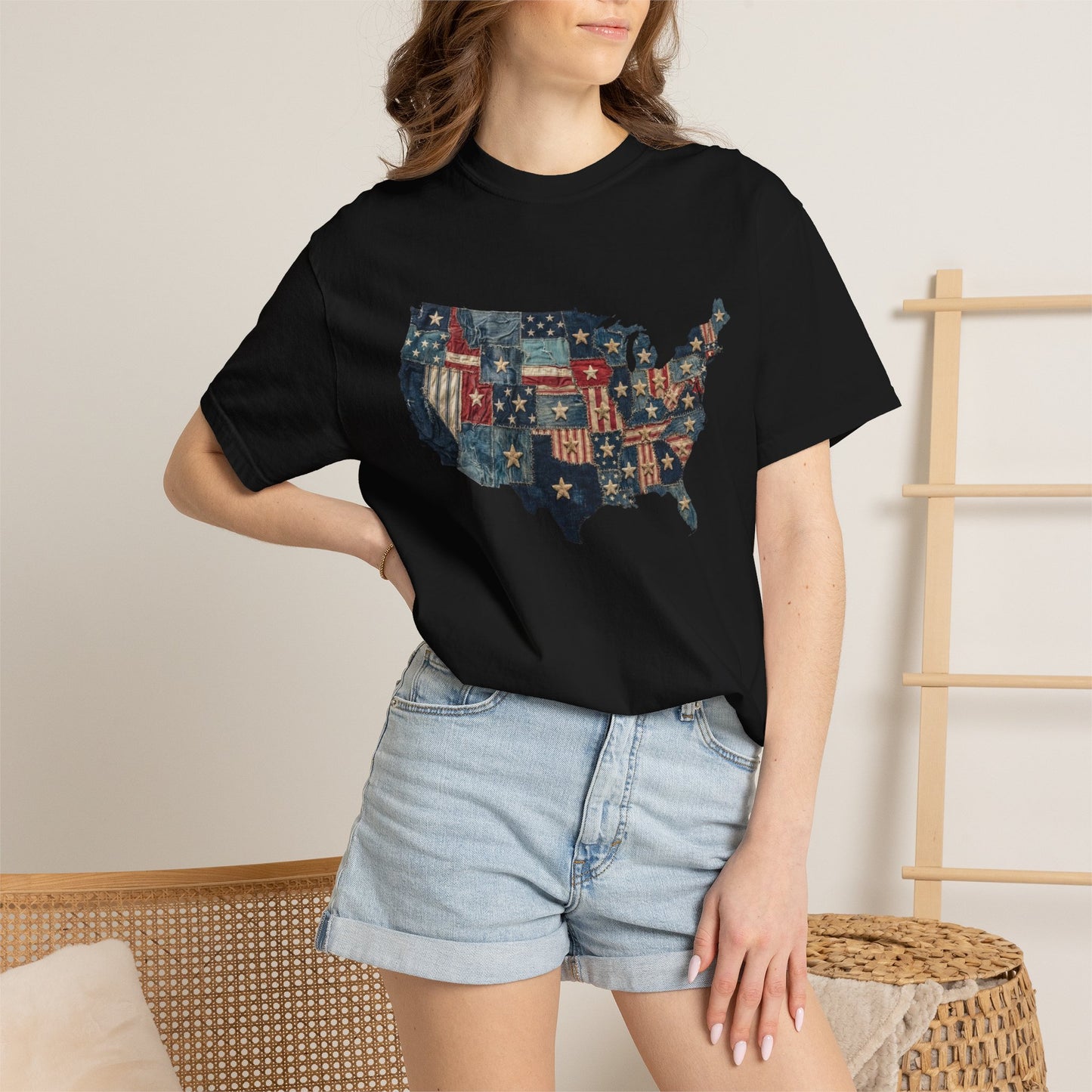 Denim American Flag T-Shirt • USA Patchwork Map Tee • Patriotic Vintage Stars Graphic Shirt
